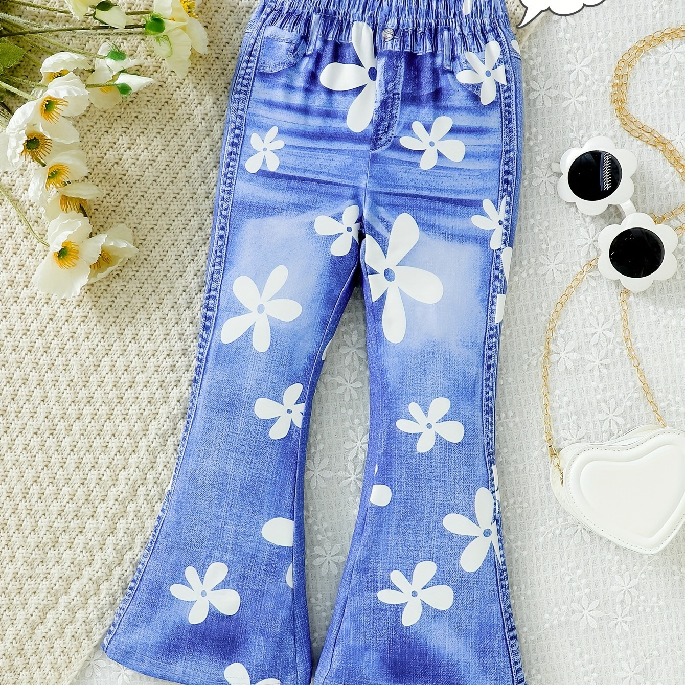 

Girls Comfy Flower Graphic Imitation Denim Print Flare Pants For Party Gift