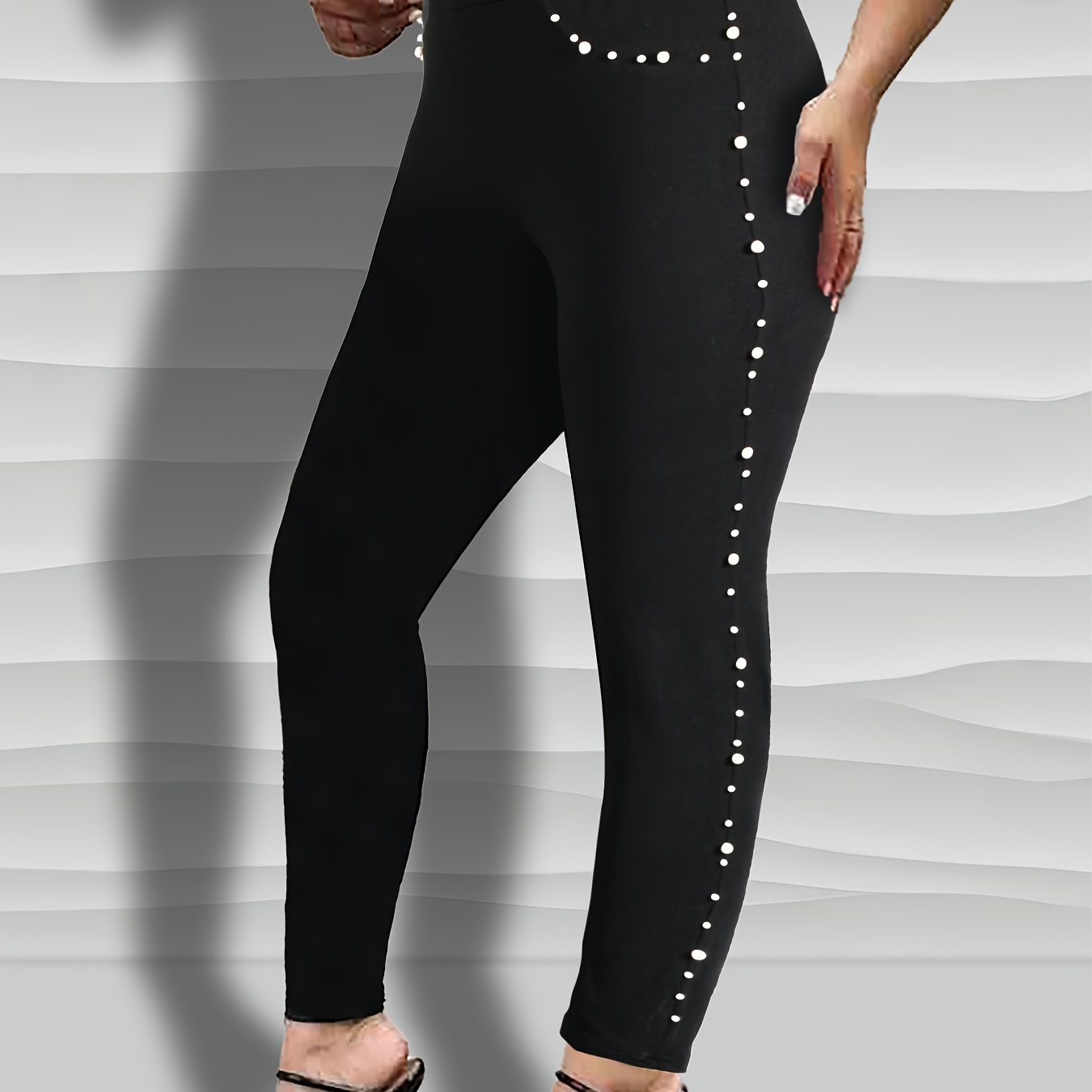 

Plus Size Beaded Solid Skinny Leggings, Casual High Waist Stretchy Leggings For Spring & Summer, Women's Plus Size Clothing