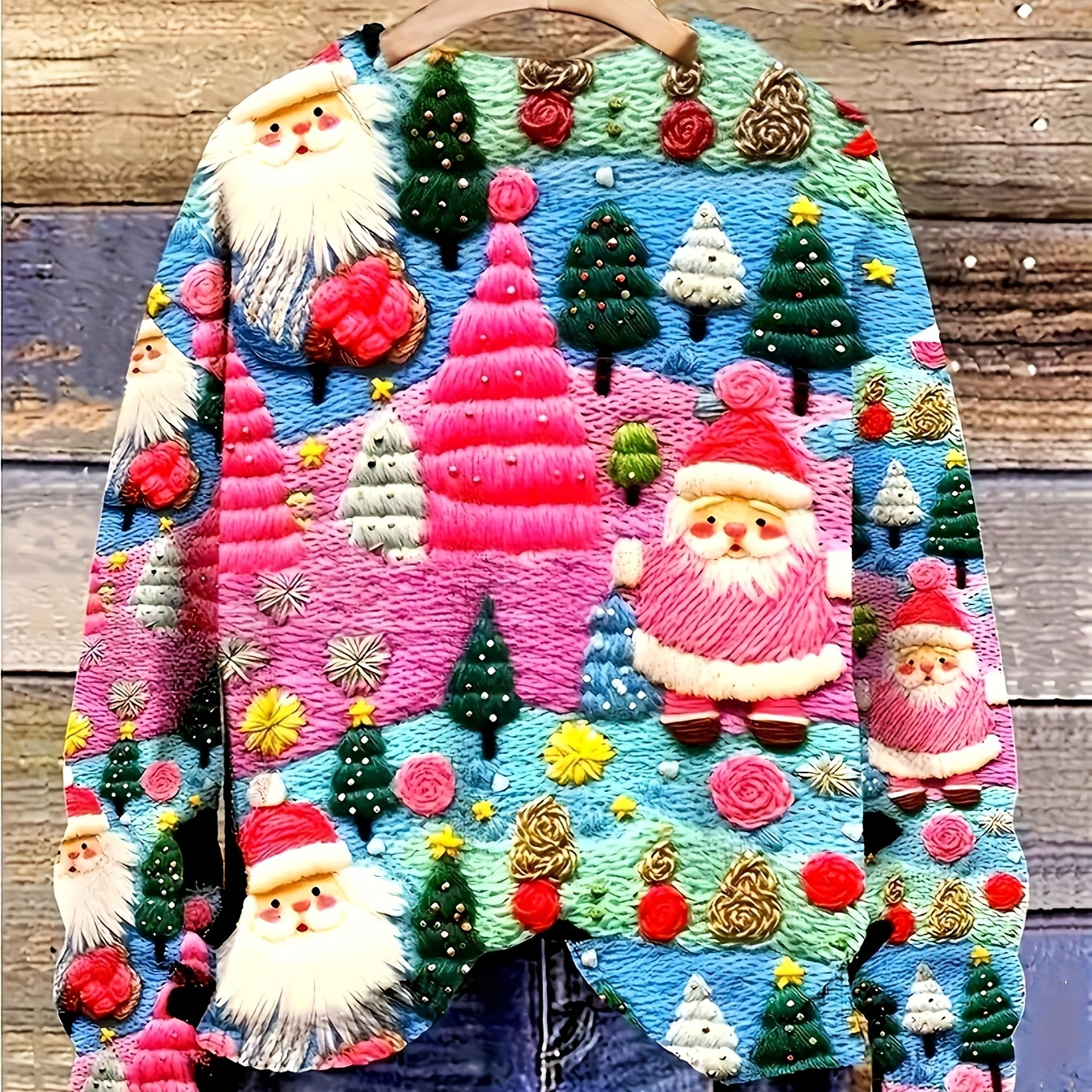 

Pull Tricoté Imprimé 3D Père Noël - Polyester Confortable, Col Rond, Manches Longues - pour Noël & Tenue Décontractée