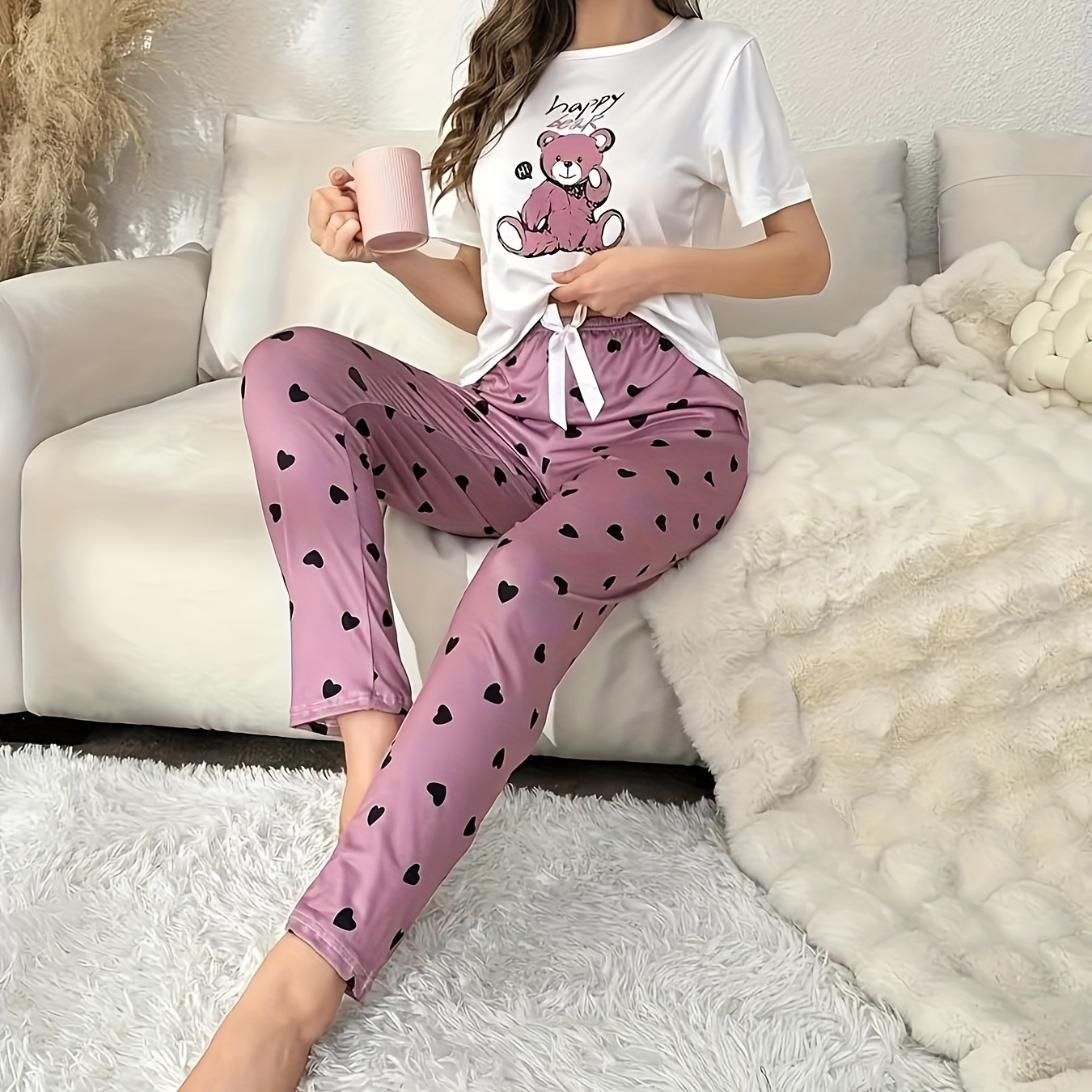 women's cute bear heart print pajama set short sleeve round