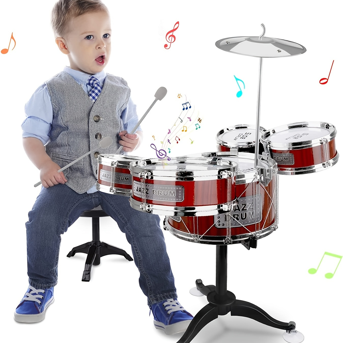 Kit batterie pour enfant. Véritable instrument de musique, cette batterie  participera à l'éveil musicale de votre enfant.