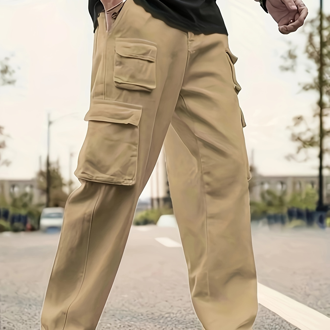 

Pantalon Cargo Décontracté pour Hommes - Jambe Droite, Design Multi-Poches, Taille Ajustable avec Cordon, Polyester, Idéal pour les Activités Extérieures /Automne