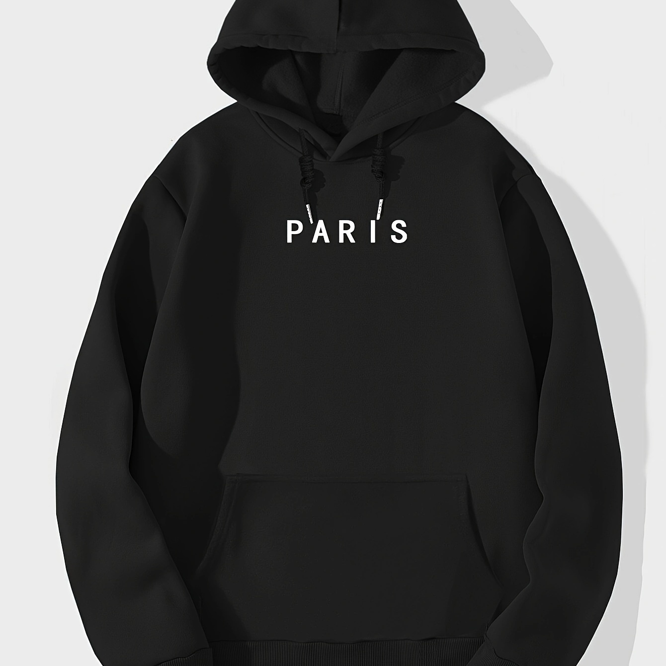 

Paris Drawstring Hoodie With Kangaroo Pocket, Men's Casual Letter Print Long Sleeve Solid Color Slightly Stretch Pullover Hooded Sweatshirt For Spring Fall