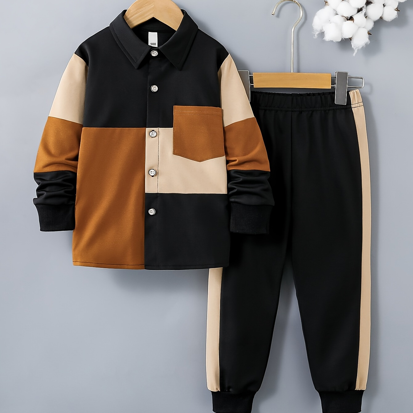 

Boys Long Sleeve Color Block Casual Shirt And Jogger Pants Set - Fall/winter Knit Outfit With Pocket Details