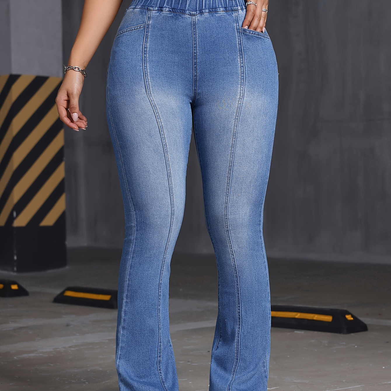 

Flare Leg Pintuck Plain Washed Blue Casual Style Zipper Button Closure Denim Pants, Women's Denim Jeans & Clothing