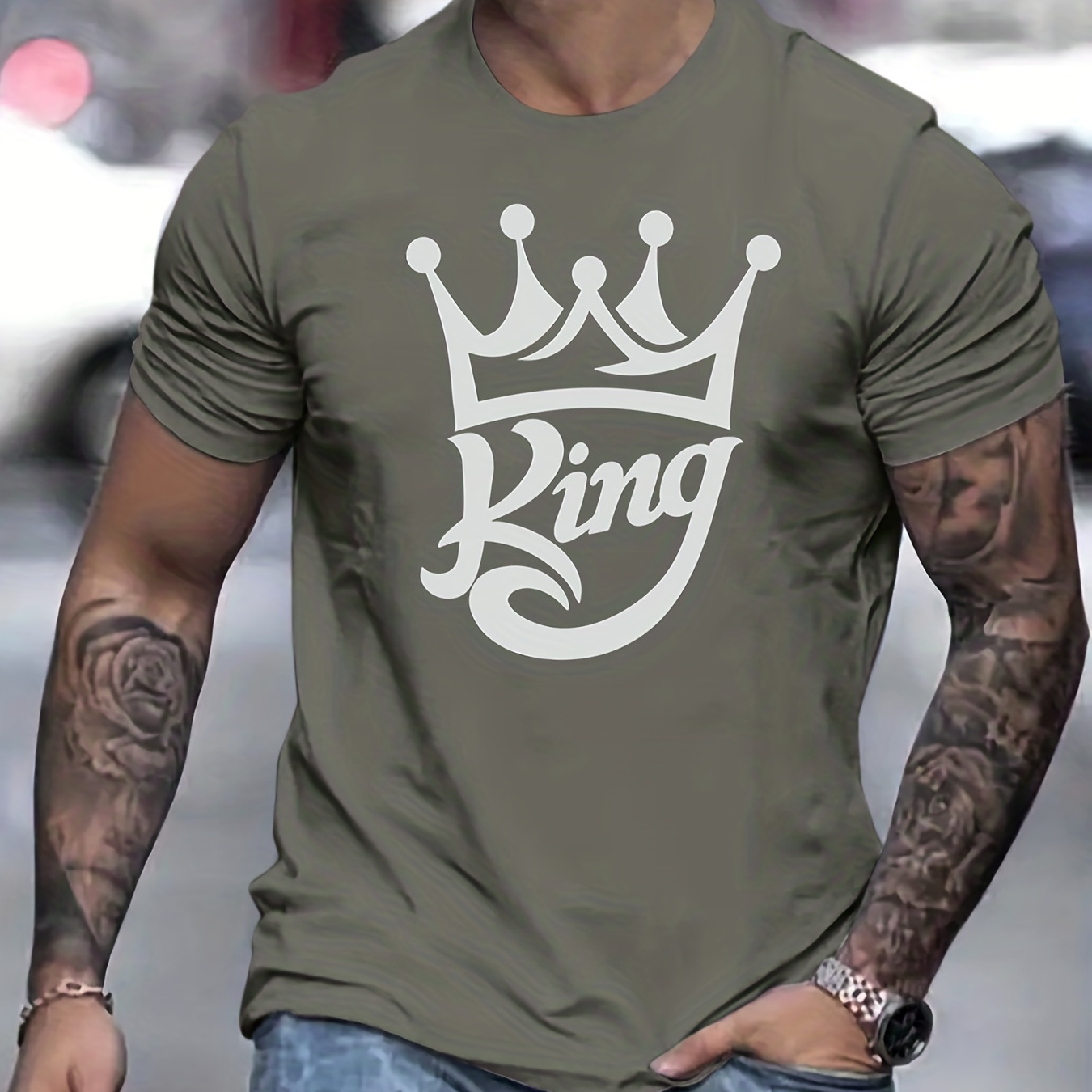 

Fashion King Graphic Print Men's Creative Top, Casual Slightly Stretch Short Sleeve Crew Neck T-shirt, Men's Tee For Summer Outdoor