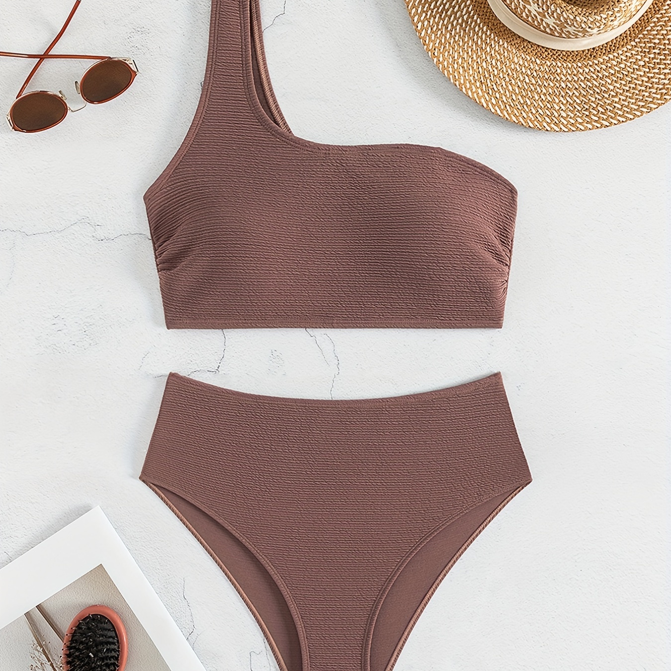 

Texture Bfaic Brown 1 Shoulder 2 Piece Set Bikini, Asymmetric High Stretch Plain Swimsuits, Women's Swimwear & Clothing