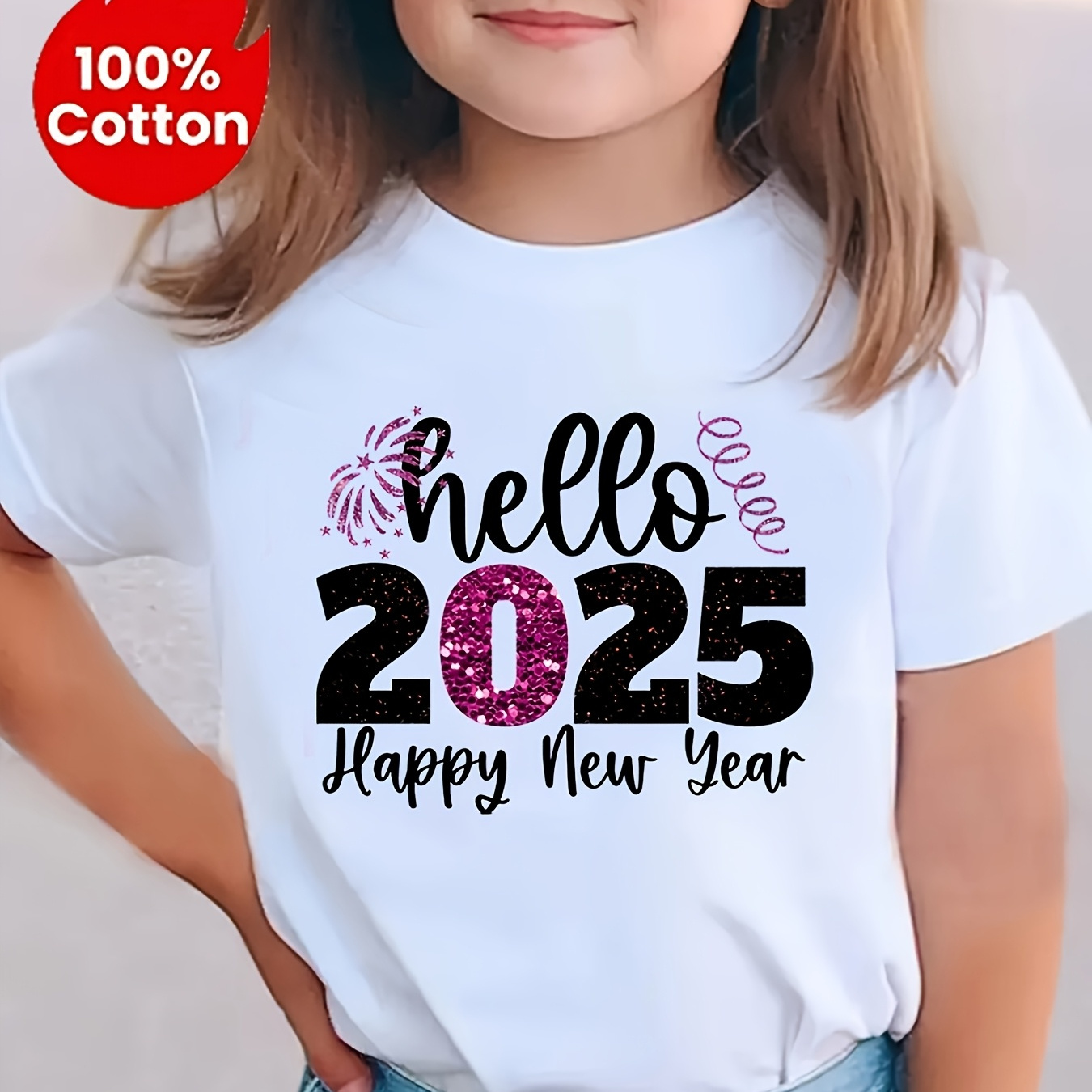 

Hello 2025 Happy New Year Letter Print New Year Children's Round Neck Short Sleeve T-shirt Casual Girl Children's Pullover