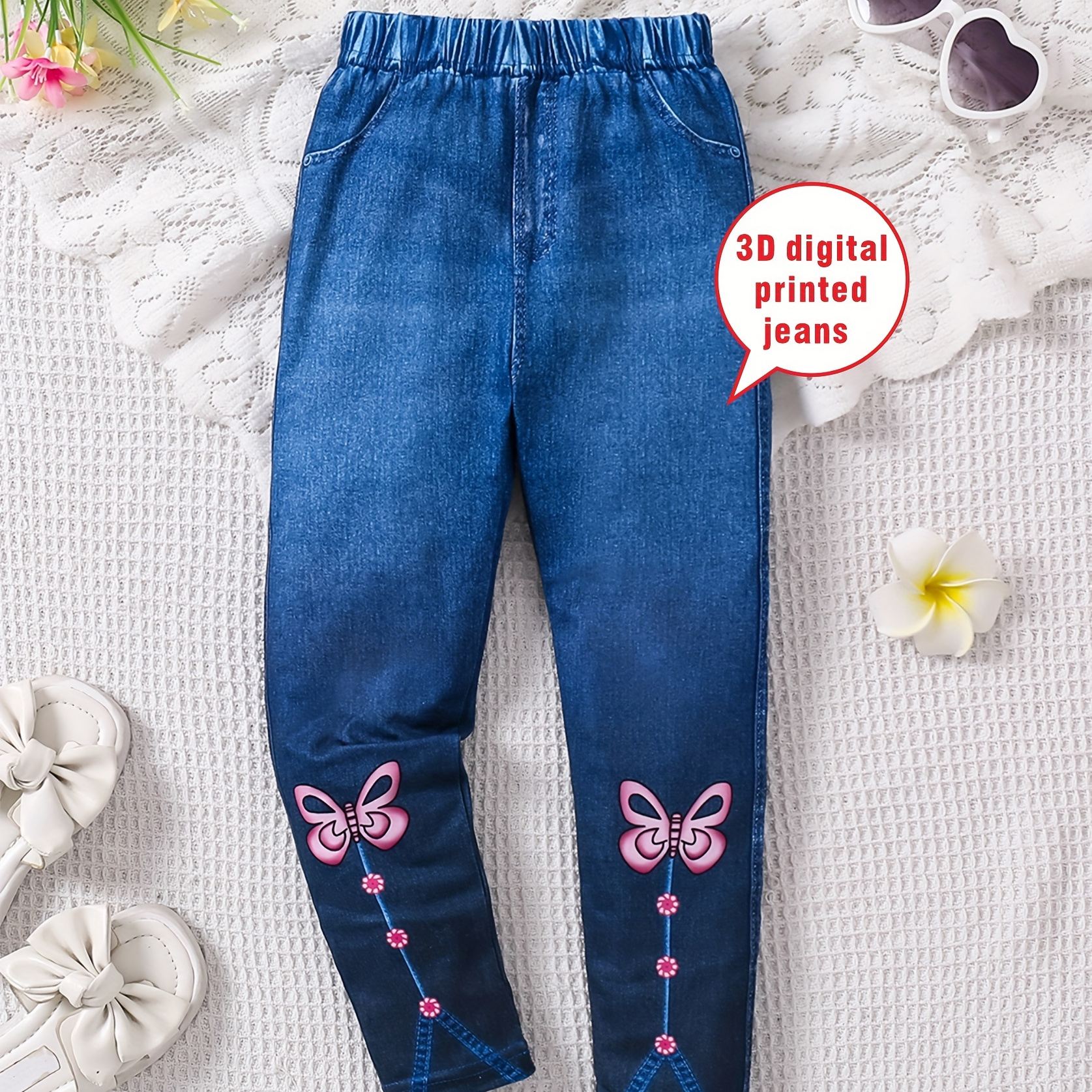 

Girls Casual & Trendy Bows & Imitation Denim Print Gradient Color Pants For Spring & Fall Outdoors