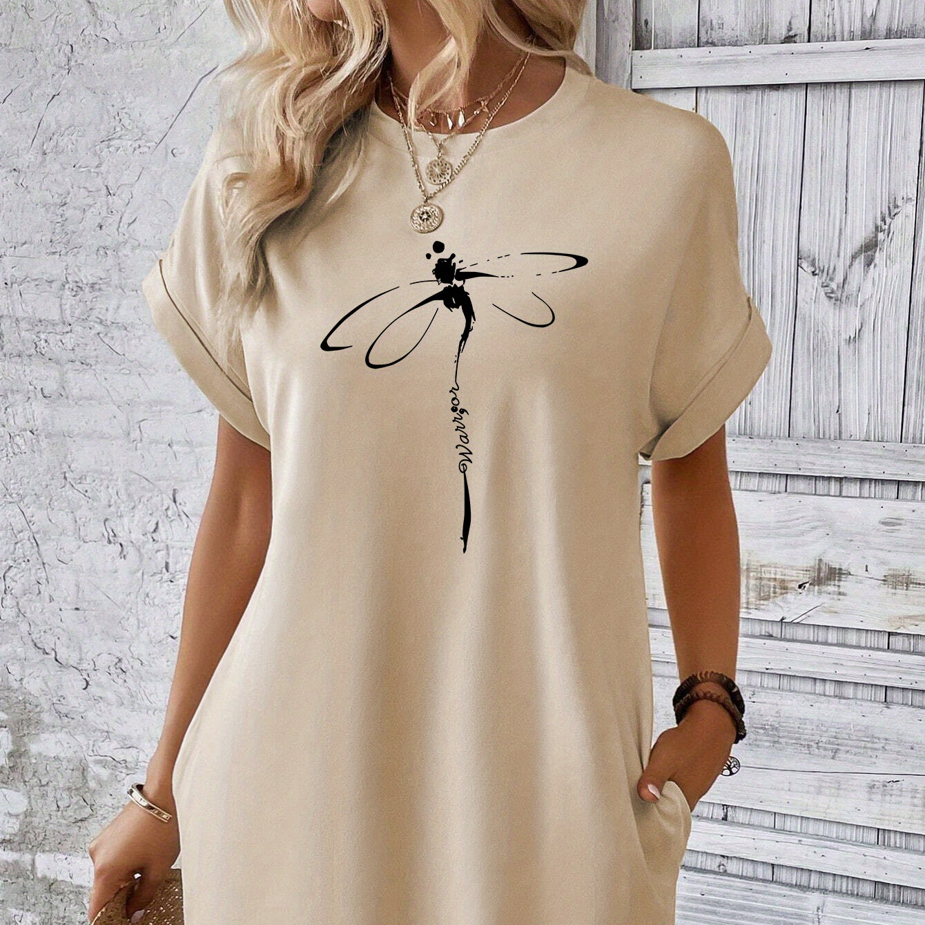 

Dragonfly Print Tee Dress, Short Sleeve Crew Neck Casual Dress For Summer & Spring, Women's Clothing