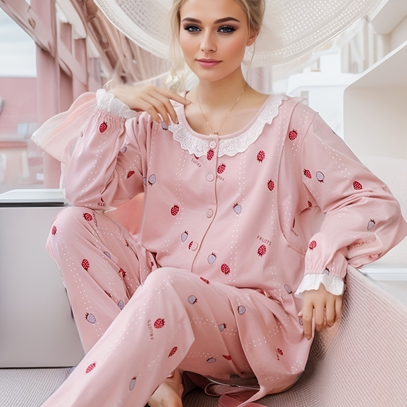 Pregnant Women's Strawberry Print Tops Pants Set Pajamas For - Temu