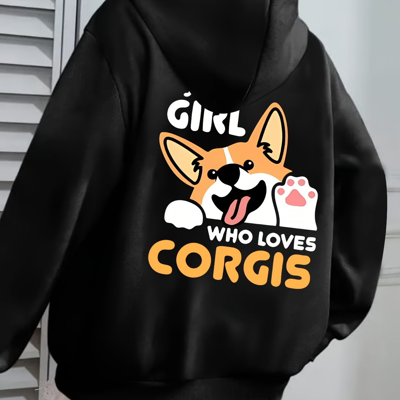 

Women's Plus Size Casual Hooded Pullover Sweatshirt With Geometric Corgi Print, 100% Polyester Knit Fabric With Slight Stretch, Front Pocket Detail For Fall/winter