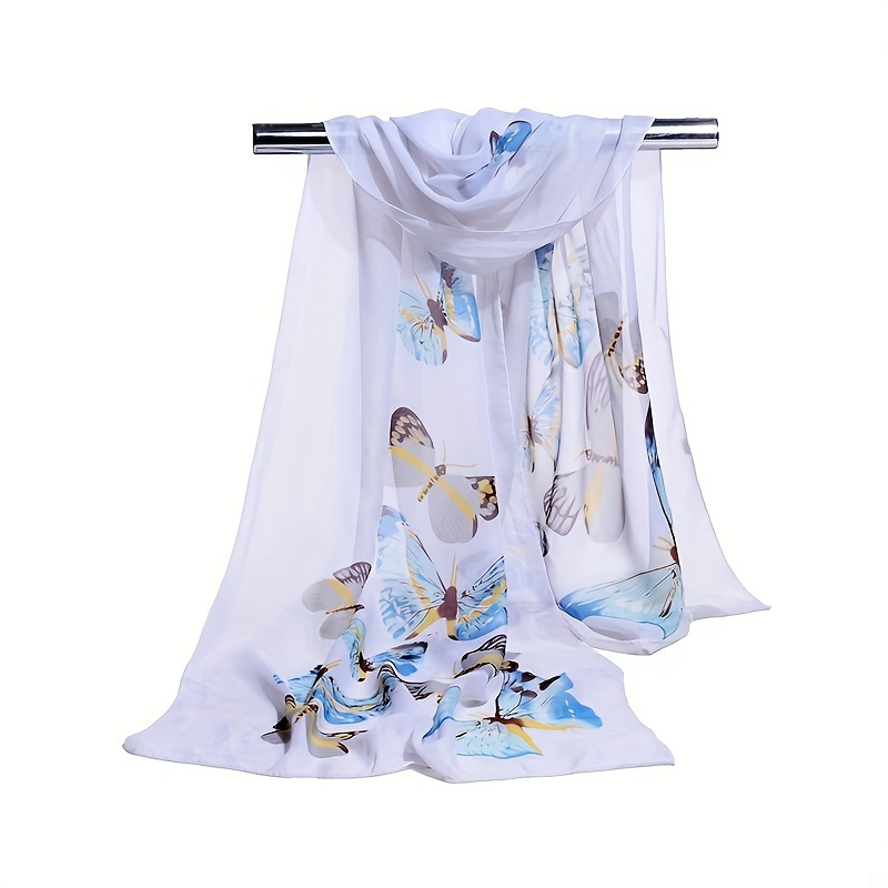 

Butterfly Print Casual Scarf Solid Color Gauze Shawl Elegant Head Wrap Windproof Headscarf Sunscreen Travel Beach Towel