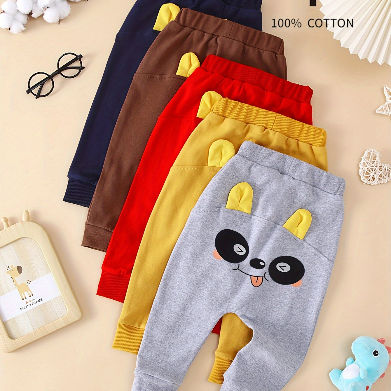 

5pcs Baby's Cartoon Panda Print Pants, Casual Elastic Waist Cotton Trousers, Toddler & Infant Boy's Clothing