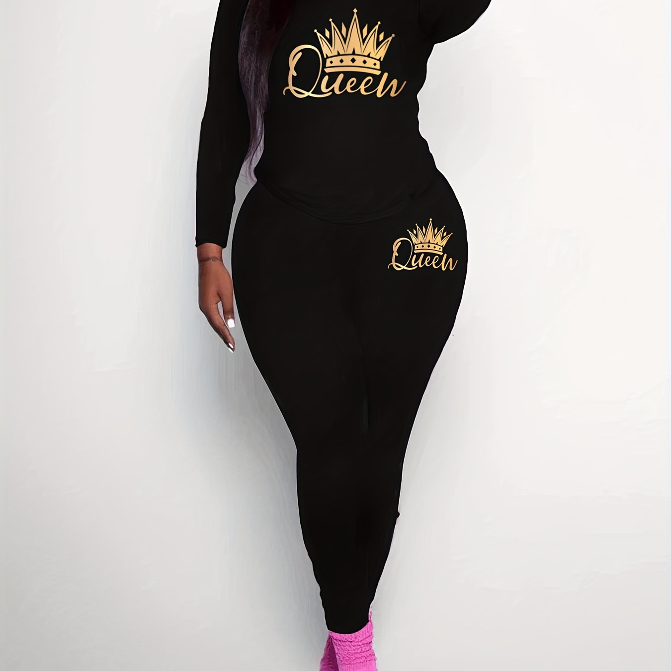 

Queen Crown Print Two-piece Set, Crew Neck Short Sleeve T-shirt & Skinny Leggings Outfits, Women's Clothing