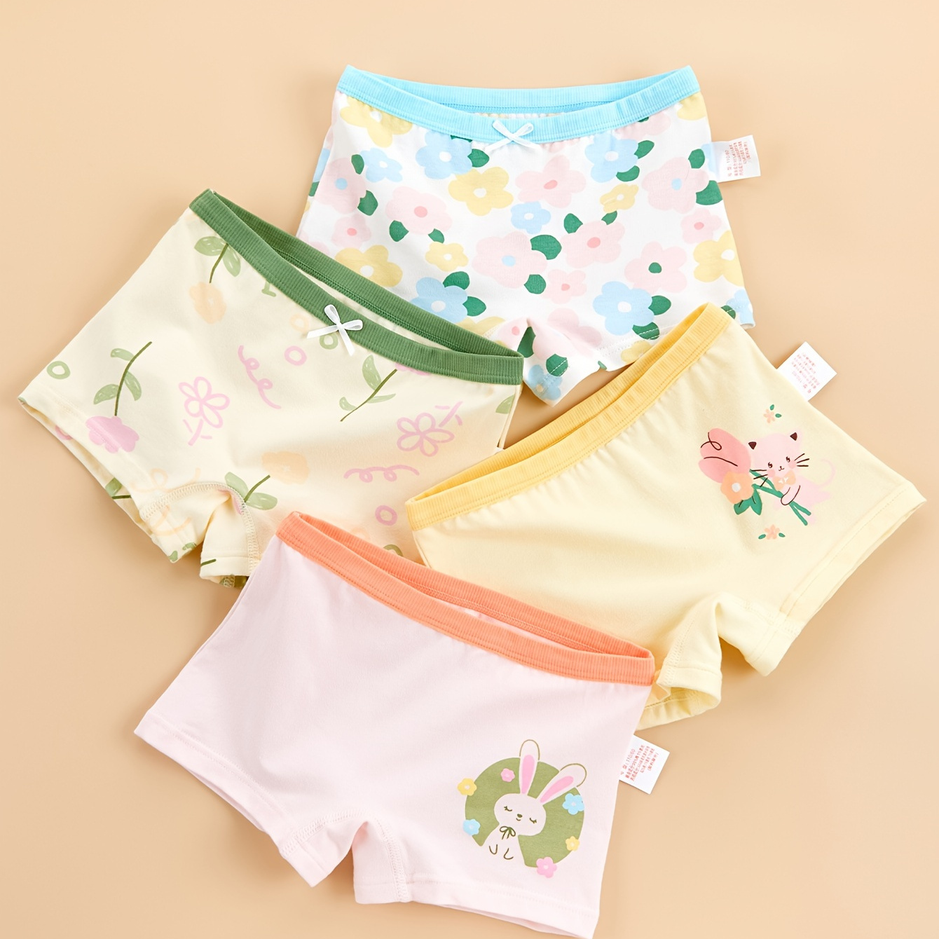 

4pcs Cotton Cartoon Floral Kitten Rabbit Print Color-block Briefs, Soft & Comfort Kawaii Print Panties Set For All Seasons
