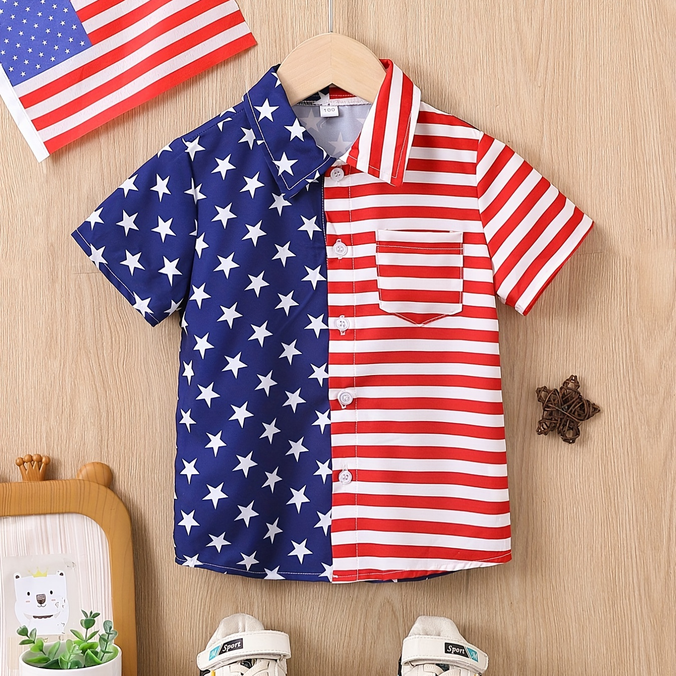 patriotic american flag print boys' short sleeve shirt red