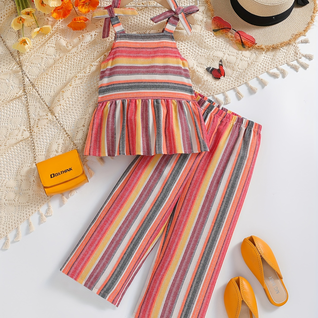 

2pcs Girls Boho Style Rainbow Striped Outfits, Suspender Top + Pants, Summer Clothes Party Gift
