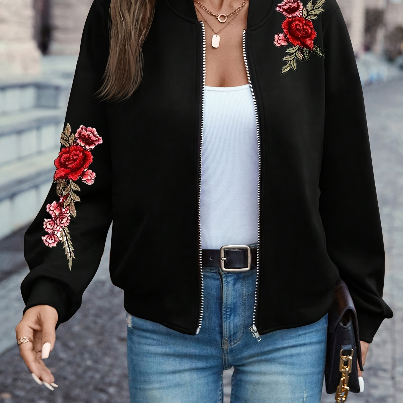 

Floral Embroidered Bomber Jacket, Elegant Zip Up Long Sleeve Jacket, Women's Clothing