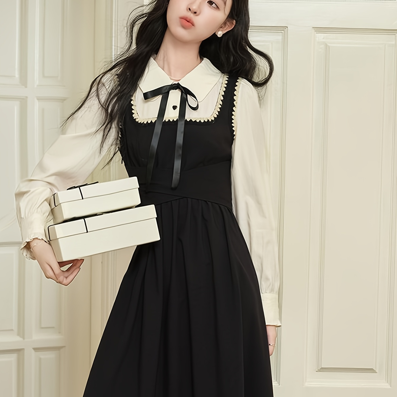 Women'S Casual Two-Tone Shirt Dress - Black and White, Long Sleeve, Pendulum Style, Spring/Fall Fashion, Youthful Aesthetic, Youthful Style|Casual Dress|Pendulum Skirt