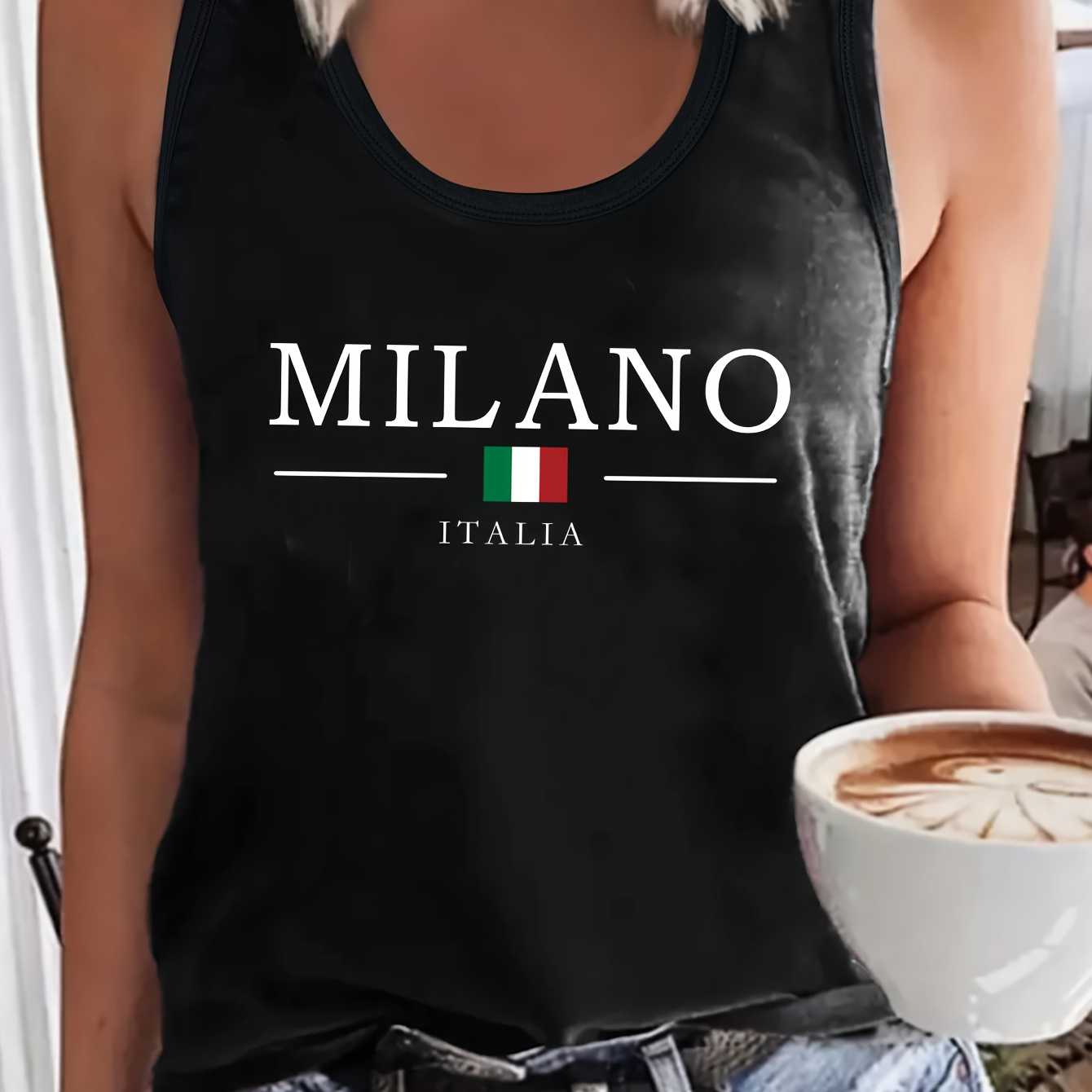 

Milano Print Crew Neck Tank Top, Sleeveless Casual Top For Summer & Spring, Women's Clothing