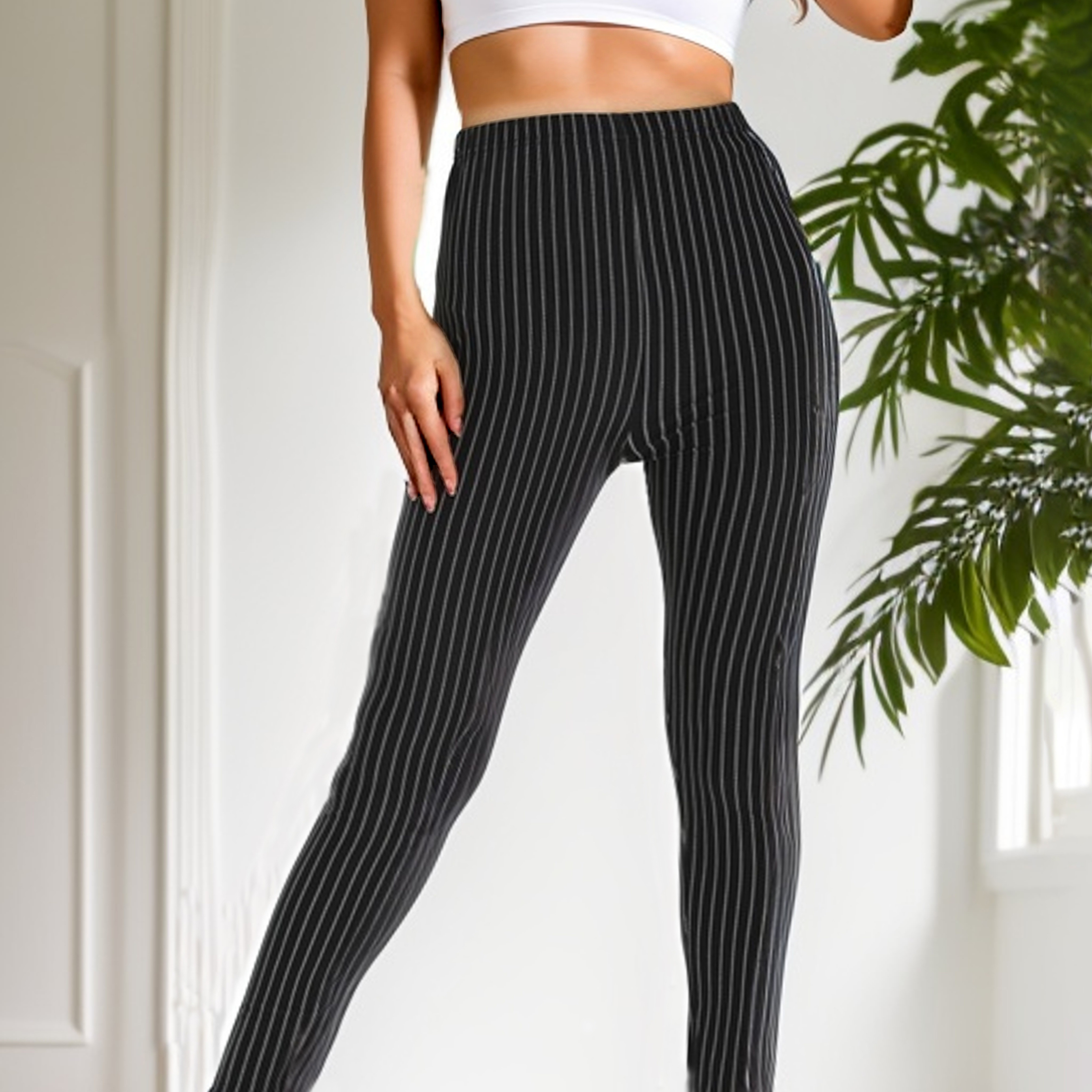 

Striped Print Skinny Leggings, Casual High Waist Stretchy Leggings, Women's Clothing