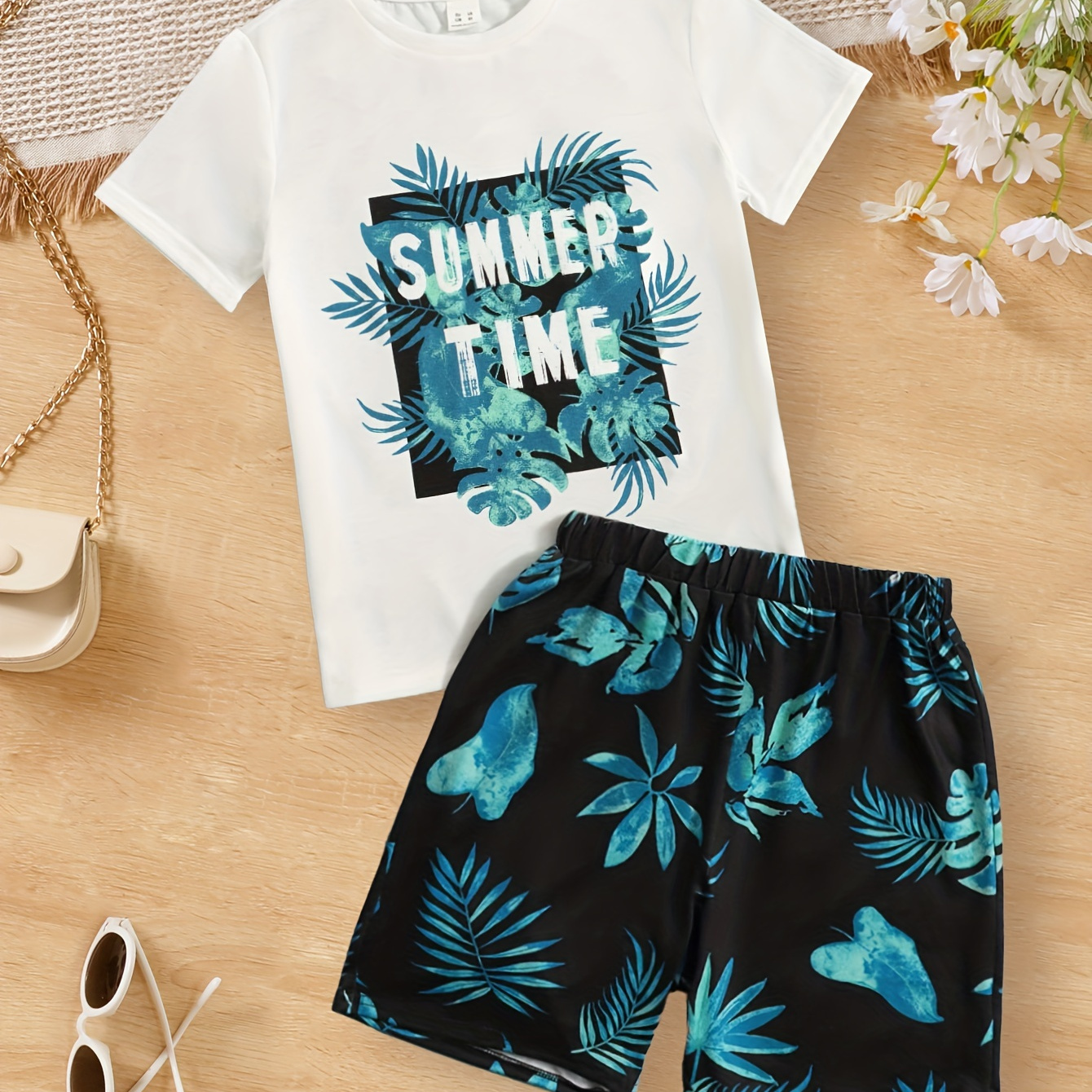 

Boys 2pcs Trendy Summer Time Coconut Tree Print Short Sleeve Outfit, Tee & Shorts Set, Kids Beach Clothes