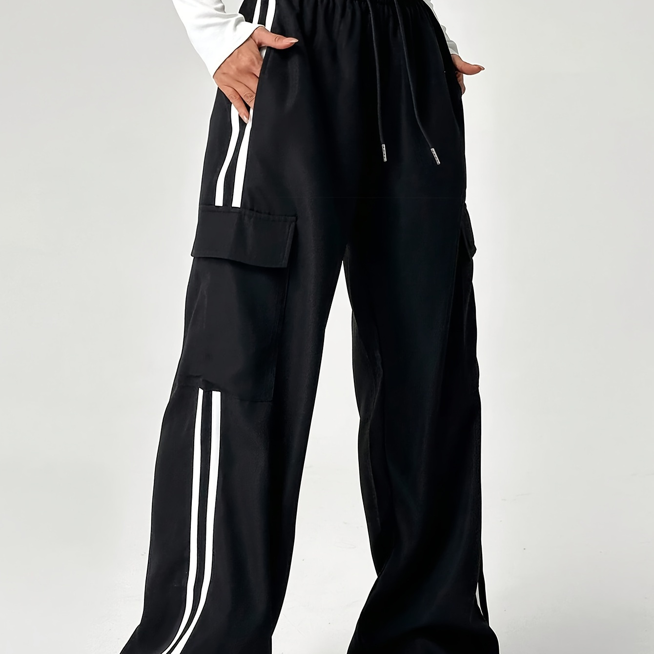 

Pantalon Décontracté à Rayures Élégantes - Taille , Jambe Droite Détail de , Lavable en