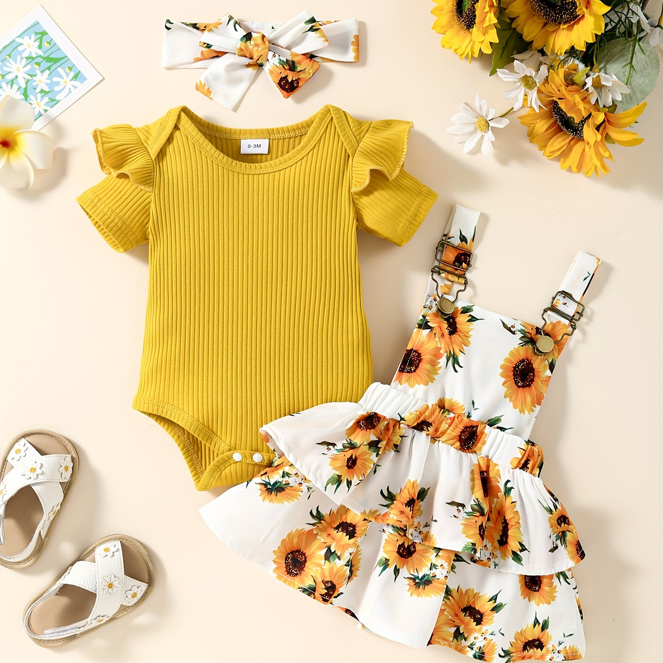 

Baby Girls Clothing Short Sleeve Ribbed Romper Sunflower Suspender Skirt Overall Dress Outfit With Headband Set