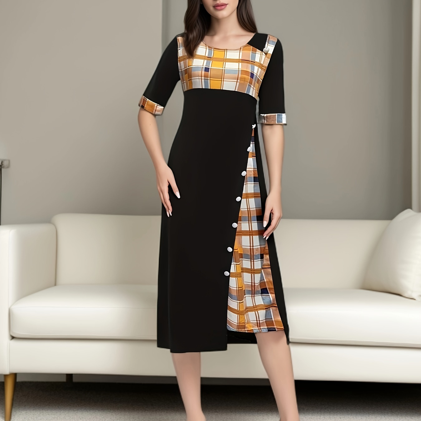 

Plaid Print Splicing Dress, Casual Crew Neck Short Sleeve Summer Asymmetrical Dress, Women's Clothing