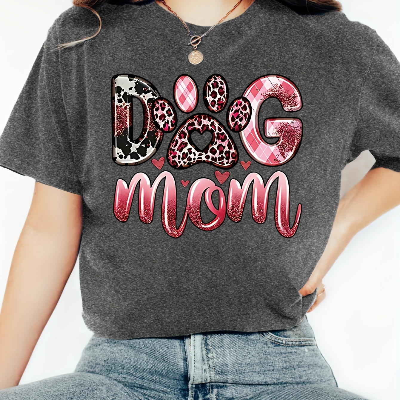 

Women's Plus Size Casual Crew Neck T-shirt With "dog Mom" Graphic, 100% Polyester Knit Fabric With Slight Stretch, Summer Season Short Sleeve Tee