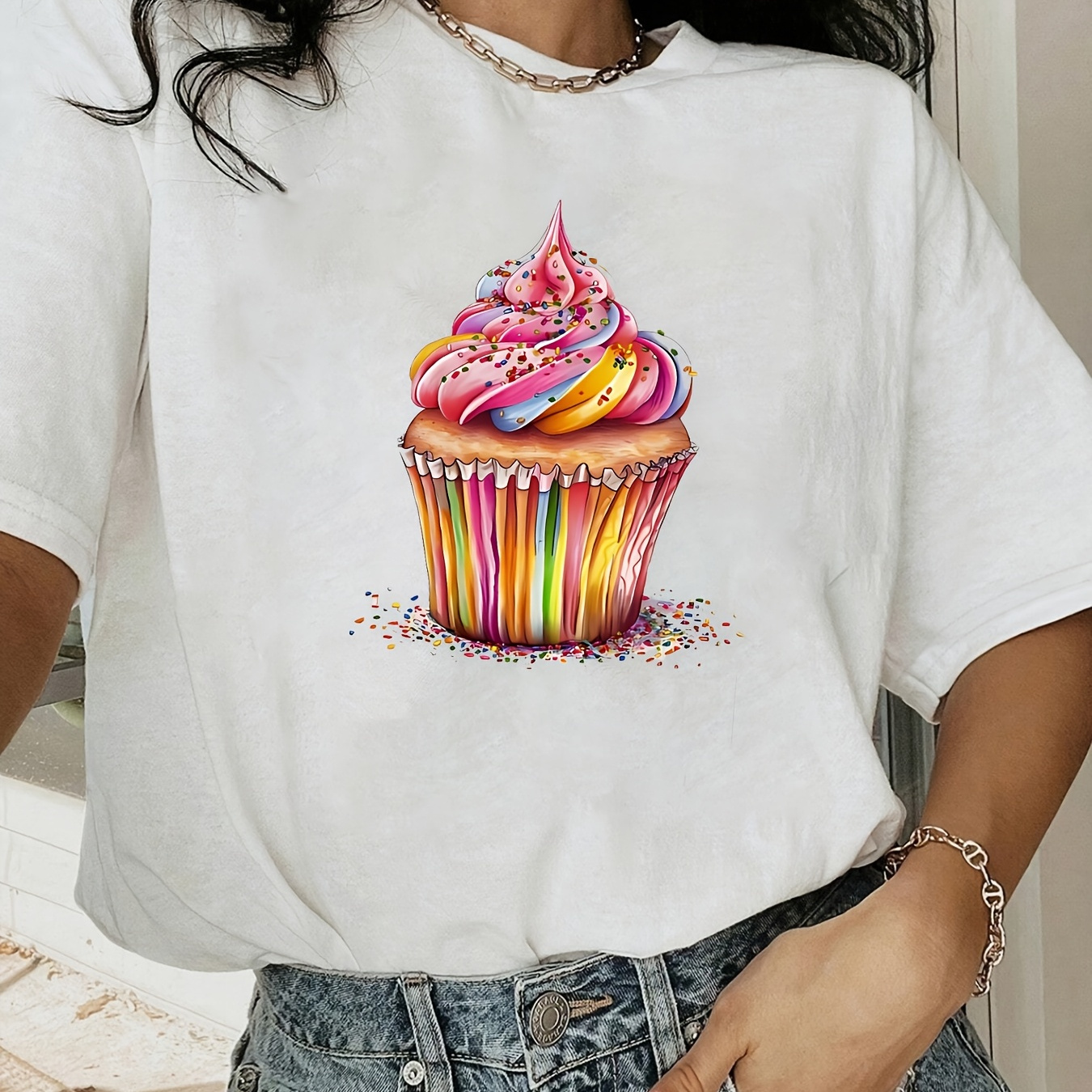 

Women's Casual Crew Neck T-shirt, 100% Polyester Knit Fabric, Short Sleeve, Regular Length, With Cupcake Graphic, For Summer Tee, Machine Washable Top|crew Neck Shirt| Texture