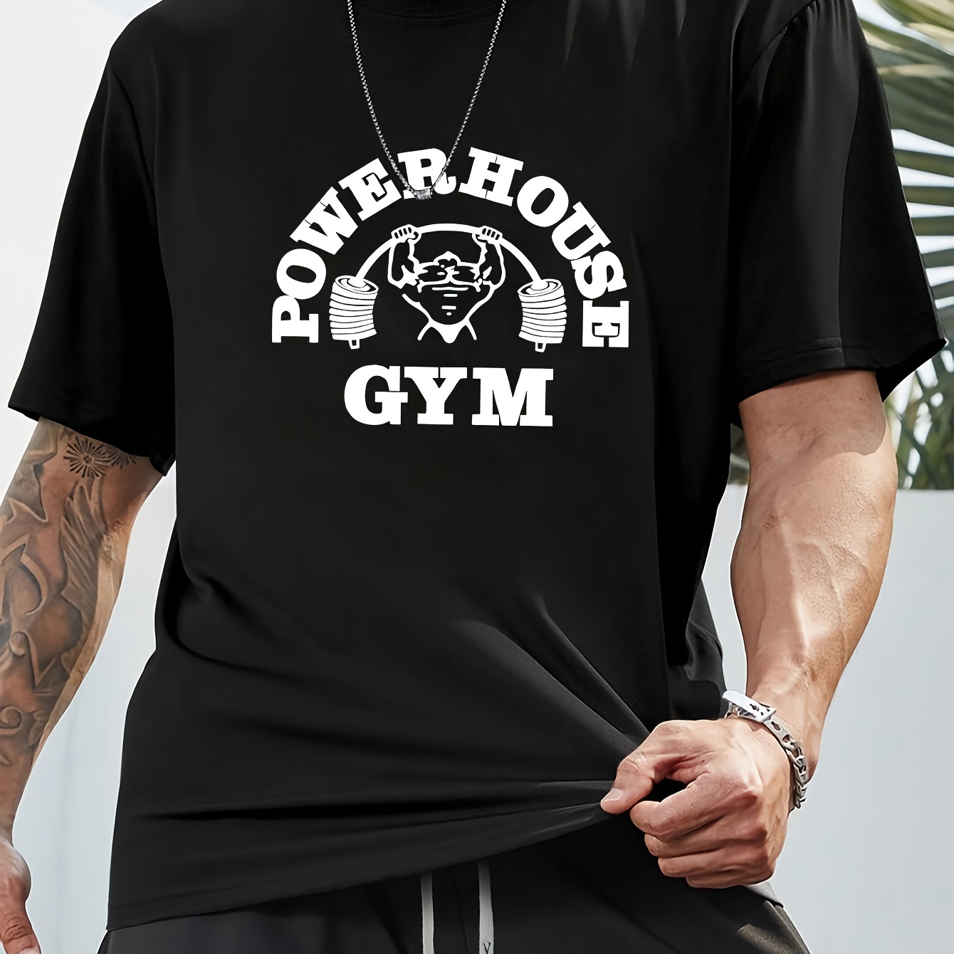 

Men's Gym Graphic Tee - Casual Short Sleeve, Round Neck, Polyester & Elastane , Machine Washable, Summer Outdoor Sports T-shirt With Dumbbell Print