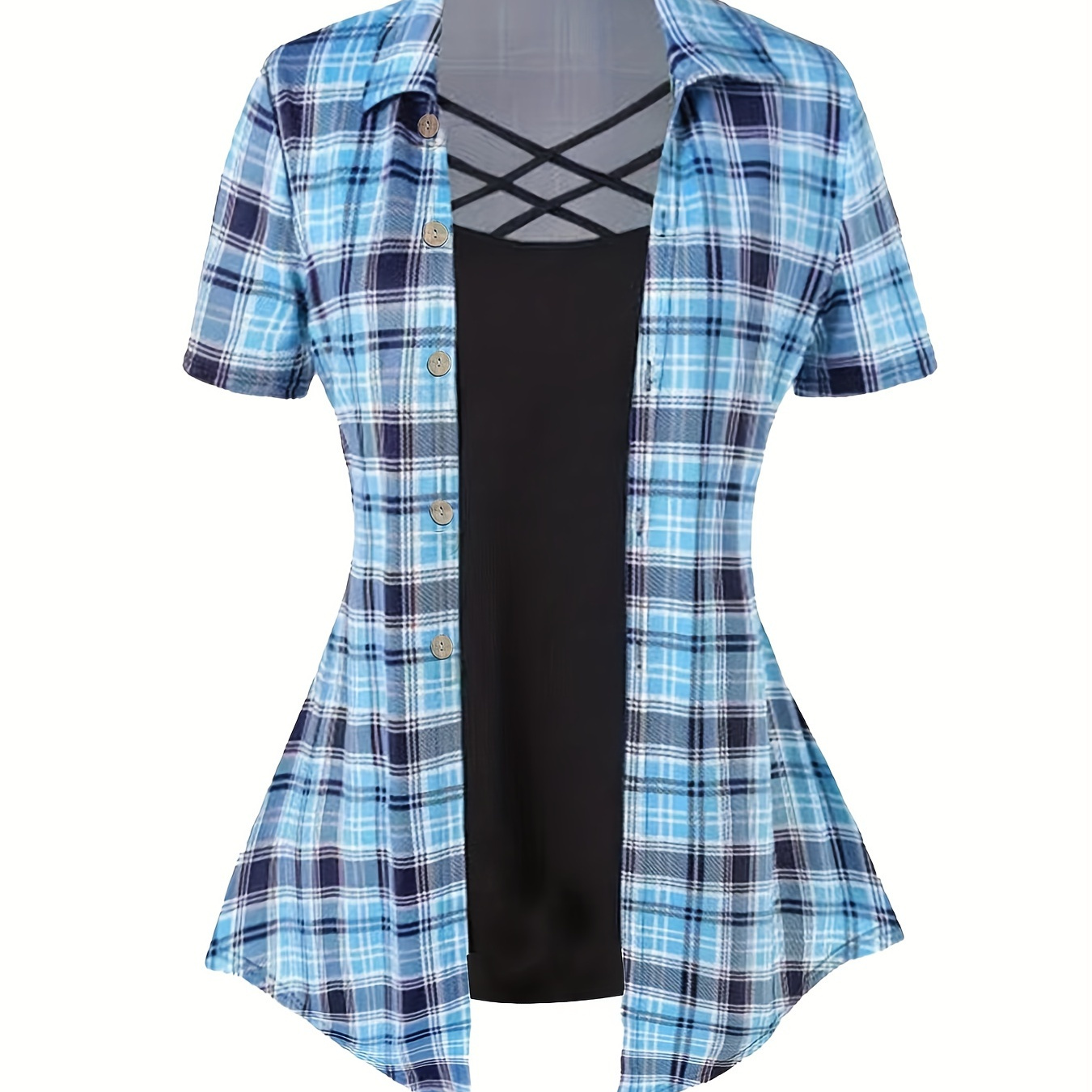 

Plus Size Plaid Print Splicing Top, Casual Cross Front Short Sleeve Top For Spring & Summer, Women's Plus Size Clothing