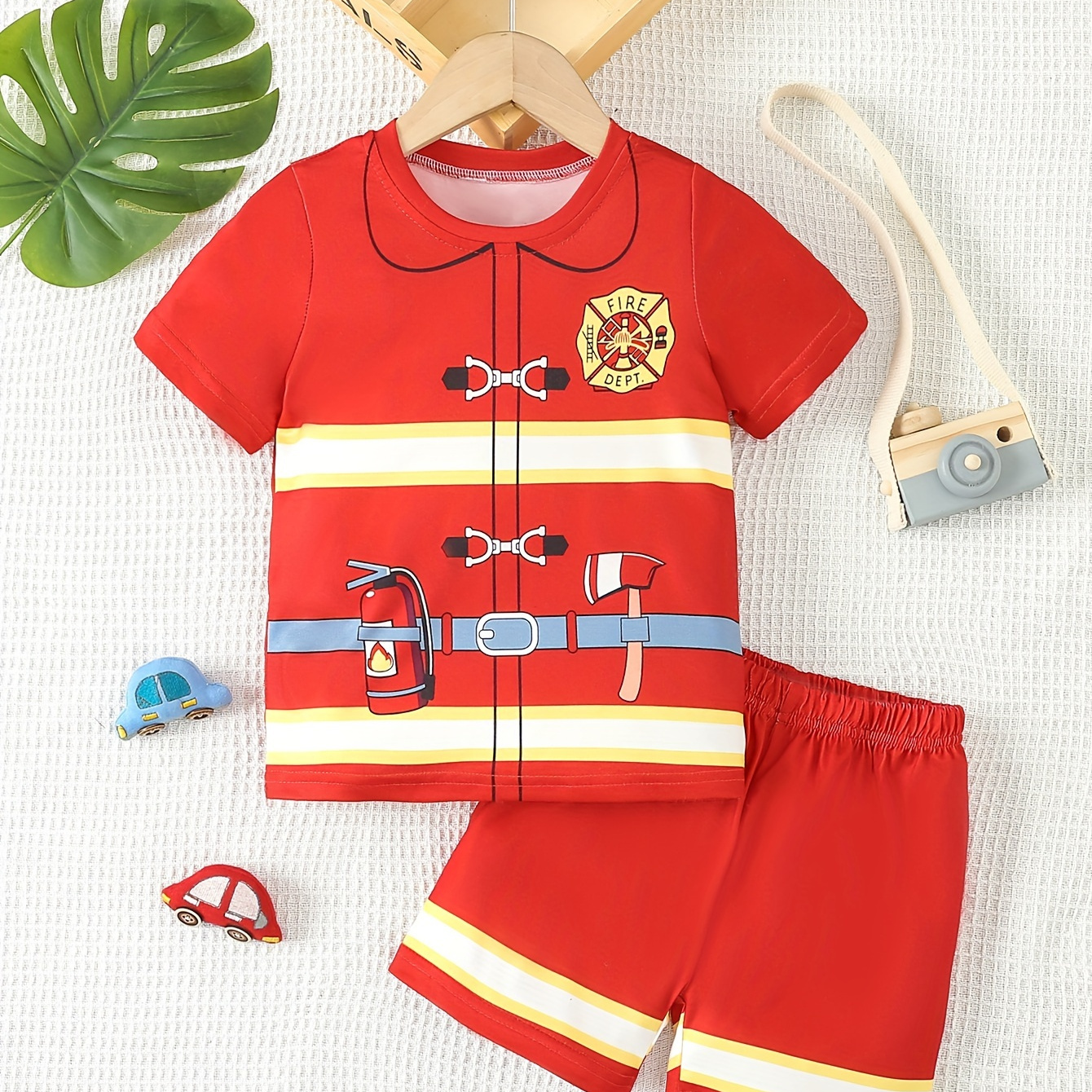 

Toddler Kid Boys 2-piece Pajama Set Fireman Uniform Dress Up Print Crew Neck Short Sleeve T-shirt + Matching Shorts Comfy Loungewear