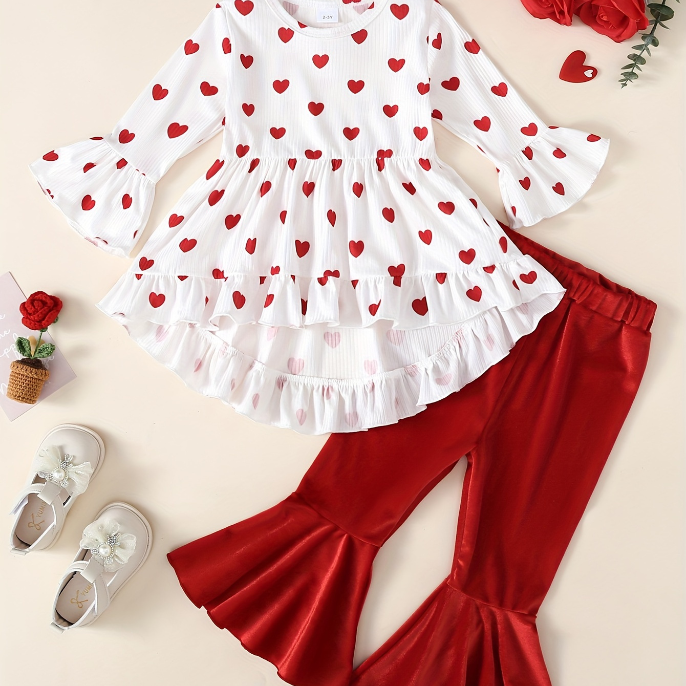 

Hearts Print Girls Outfits Long Sleeve Dress Top & Flared Pants Trousers For Valentine's Day Spring Summer Fall