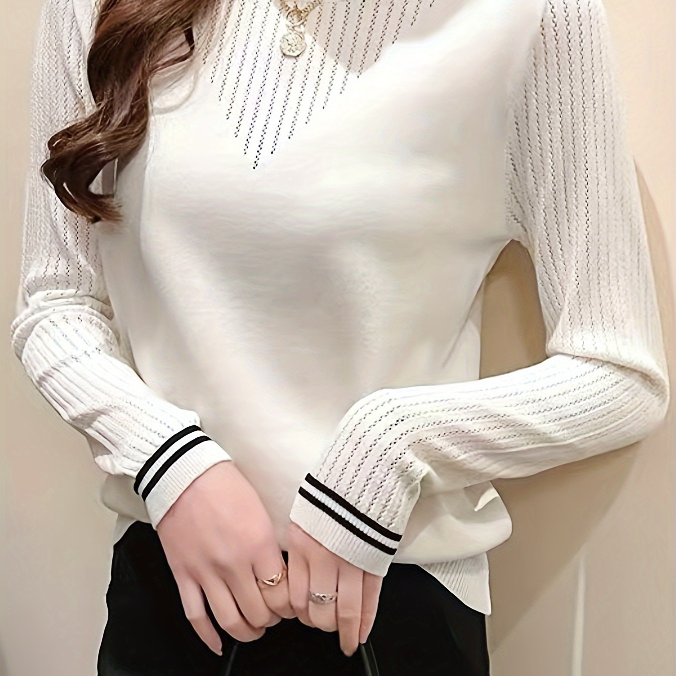 

Contrast Trim Eyelet Pullover Sweater, Casual Crew Neck Long Sleeve Sweater For Spring & Fall, Women's Clothing