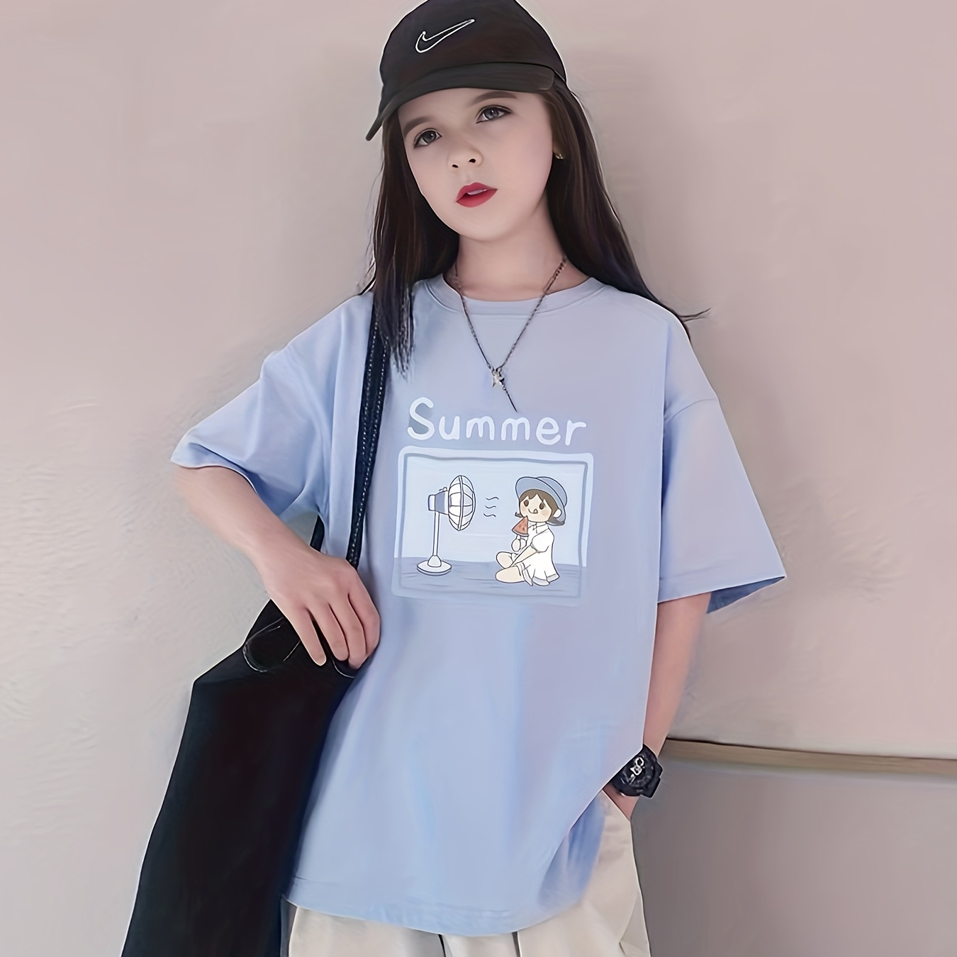 

100% Cotton Letters And Pattern Print Short Sleeve Crew Neck T-shirt For Girls, Cute, Comfy Summer Tee Gift