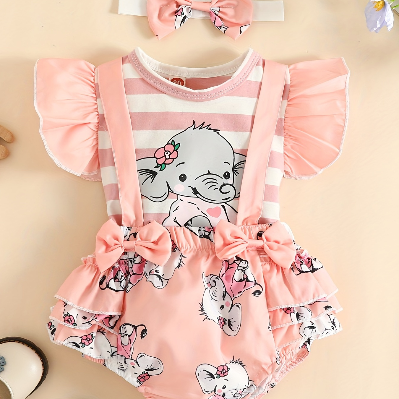 

2pcs, Baby Girls Lace Sleeves, Elephant Pattern Top And Strappy Skirt Suit Children's Summer Clothes