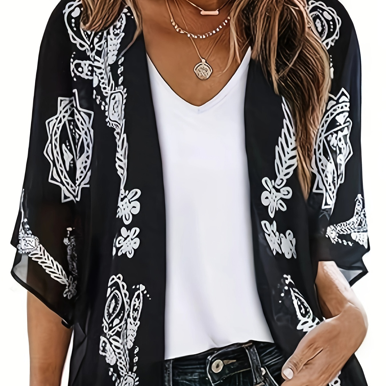 

Graphic Print Open Front Chiffon Blouse, Casual 3/4 Sleeve Coverup Blouse, Women's Clothing
