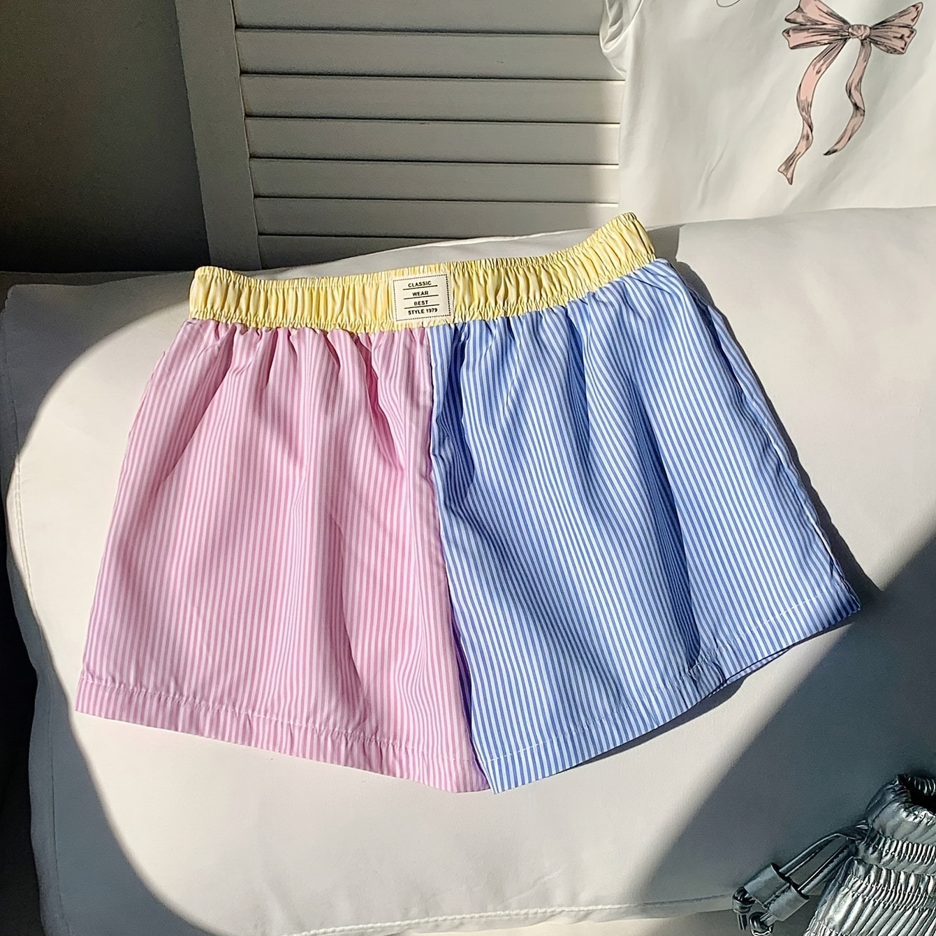 

Color Block Stripe Print Patch Shorts, Casual Elastic Waist Shorts For Spring & Summer, Women's Clothing