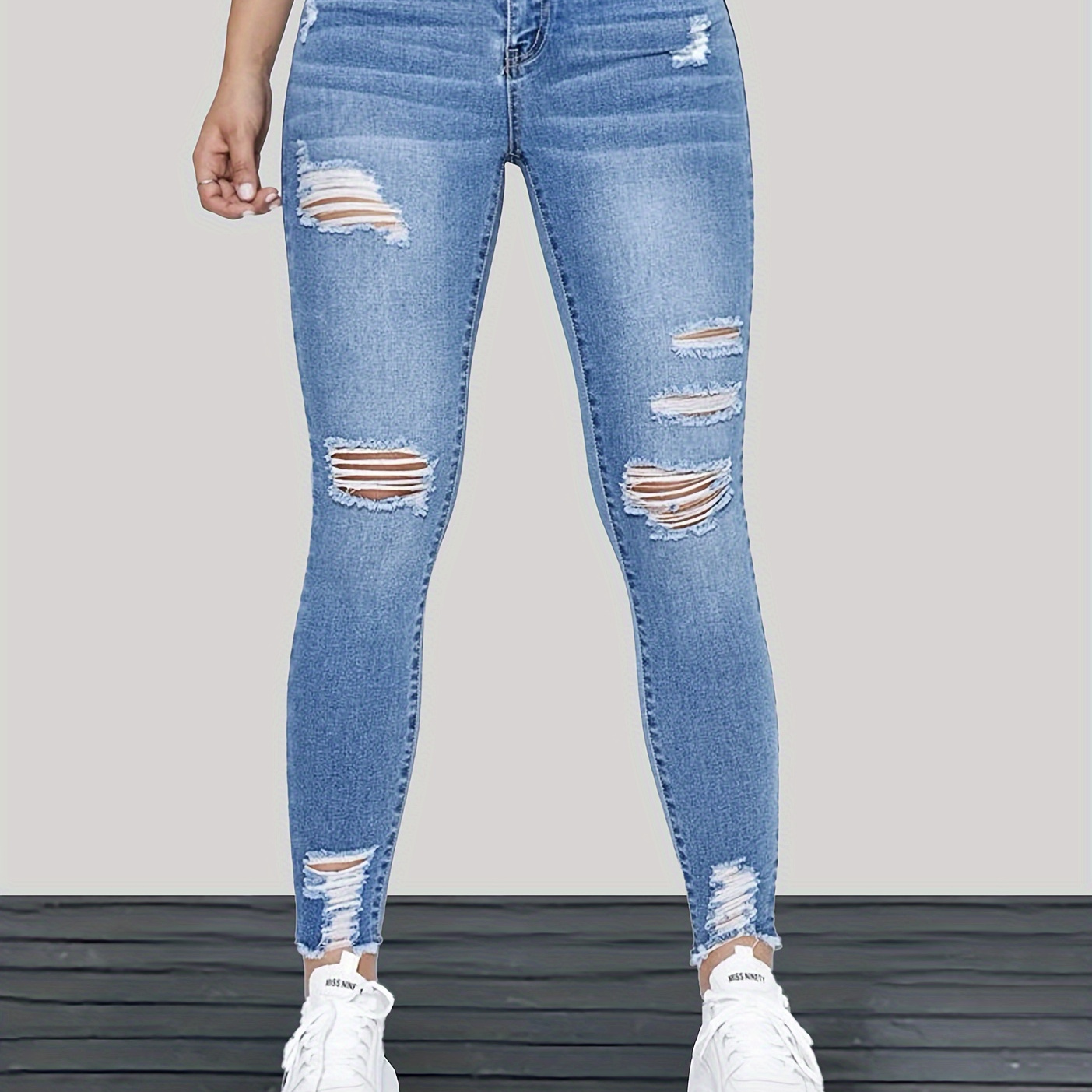 

Ripped Holes Washed Skinny Jeans, Slim Fit High Stretch Raw Hem Tight Jeans, Women's Denim Jeans & Clothing