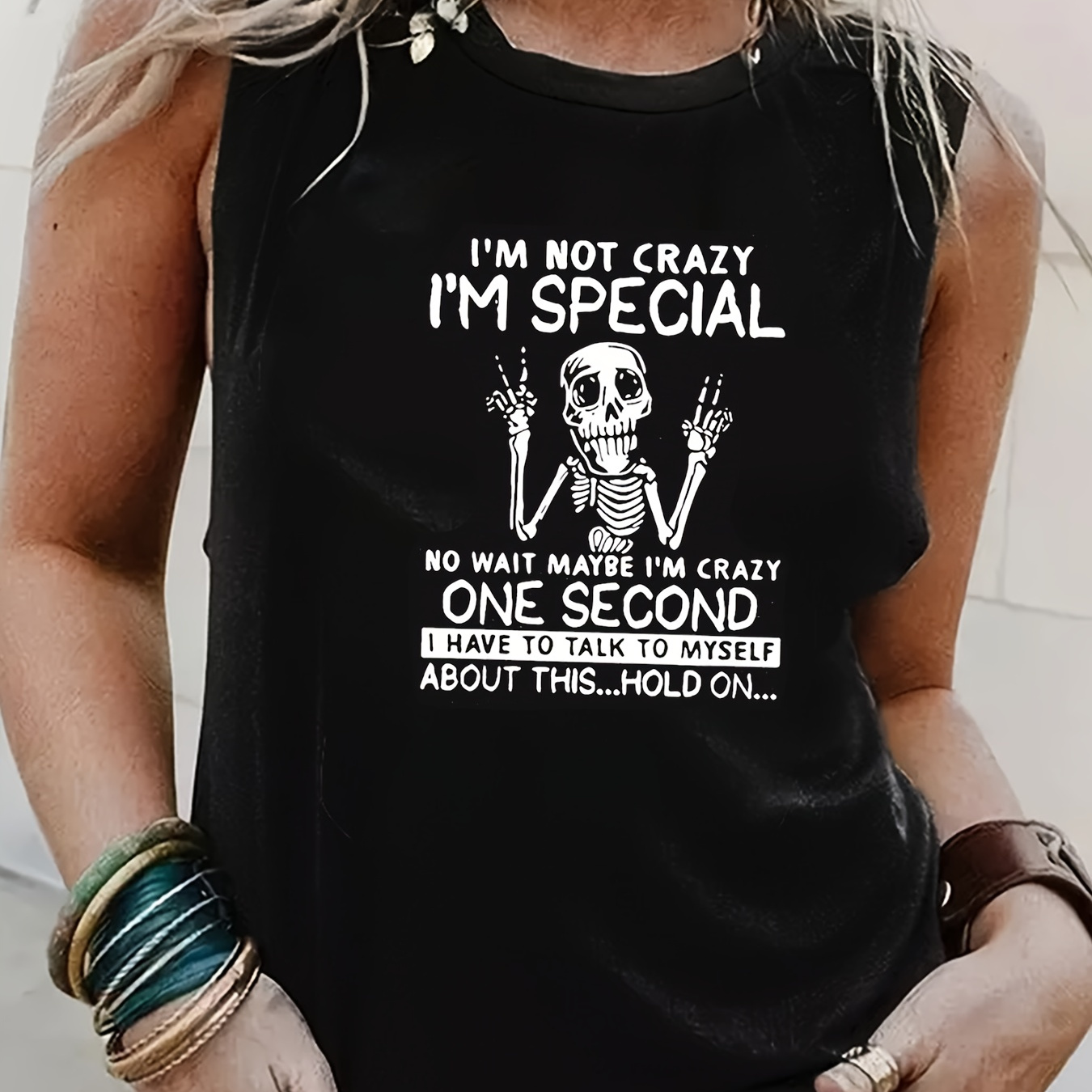 

Plus Size Skull Print Tank Top, Casual Crew Neck Tank Top For Summer, Women's Plus Size Clothing
