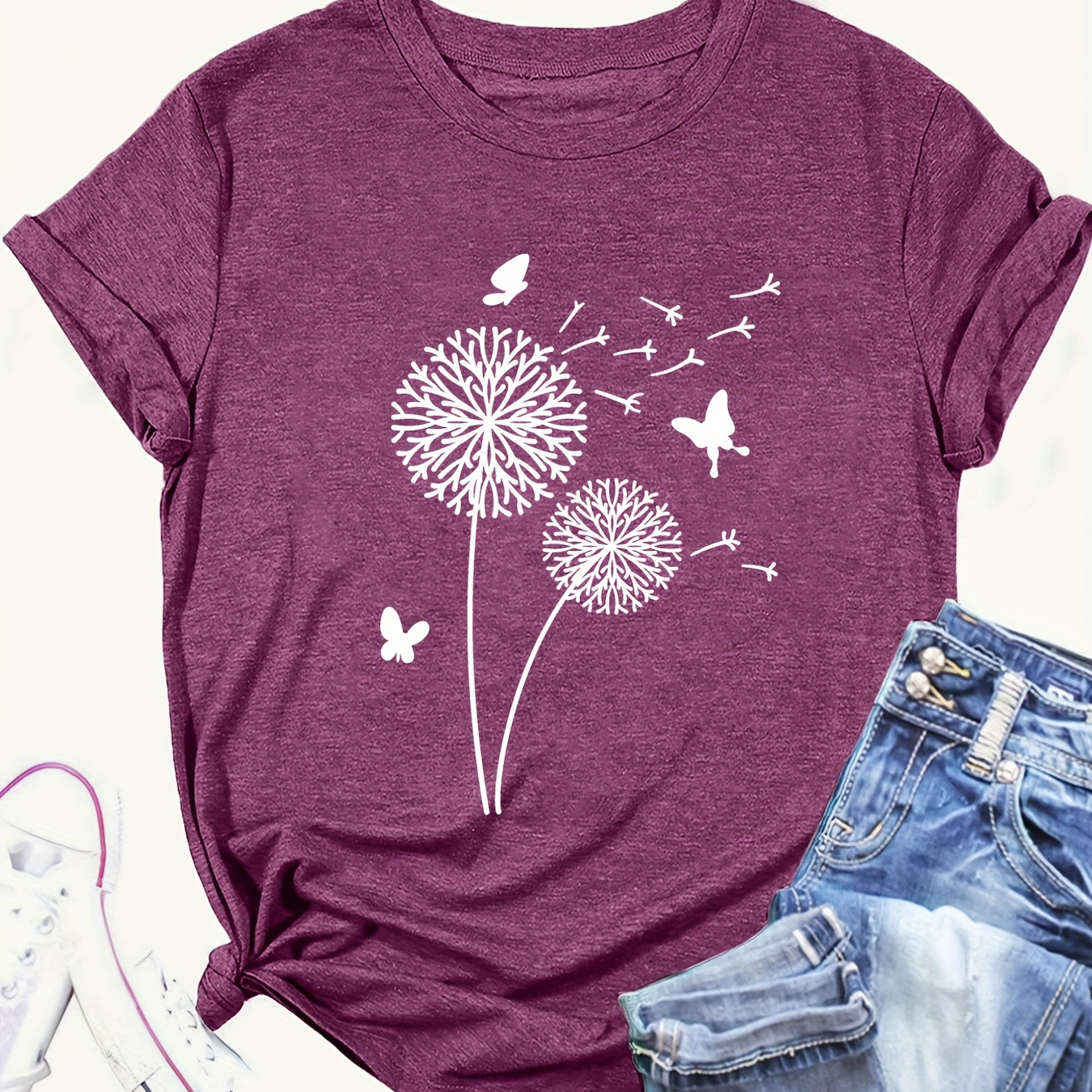 

Dandelion & Butterfly Print Casual T-shirt, Crew Neck Short Sleeve Top For Spring & Summer, Women's Clothing