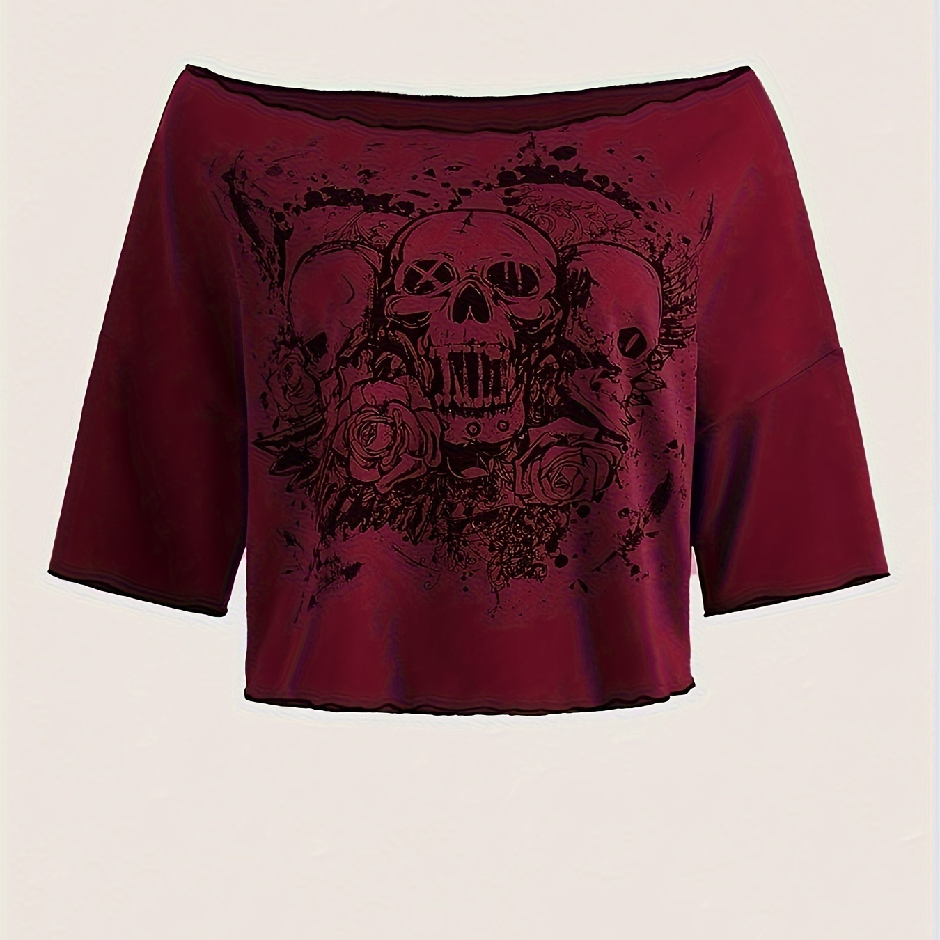 

Skull Print Off Shoulder T-shirt, Y2k Short Sleeve Loose Casual Top For Summer & Spring, Women's Clothing