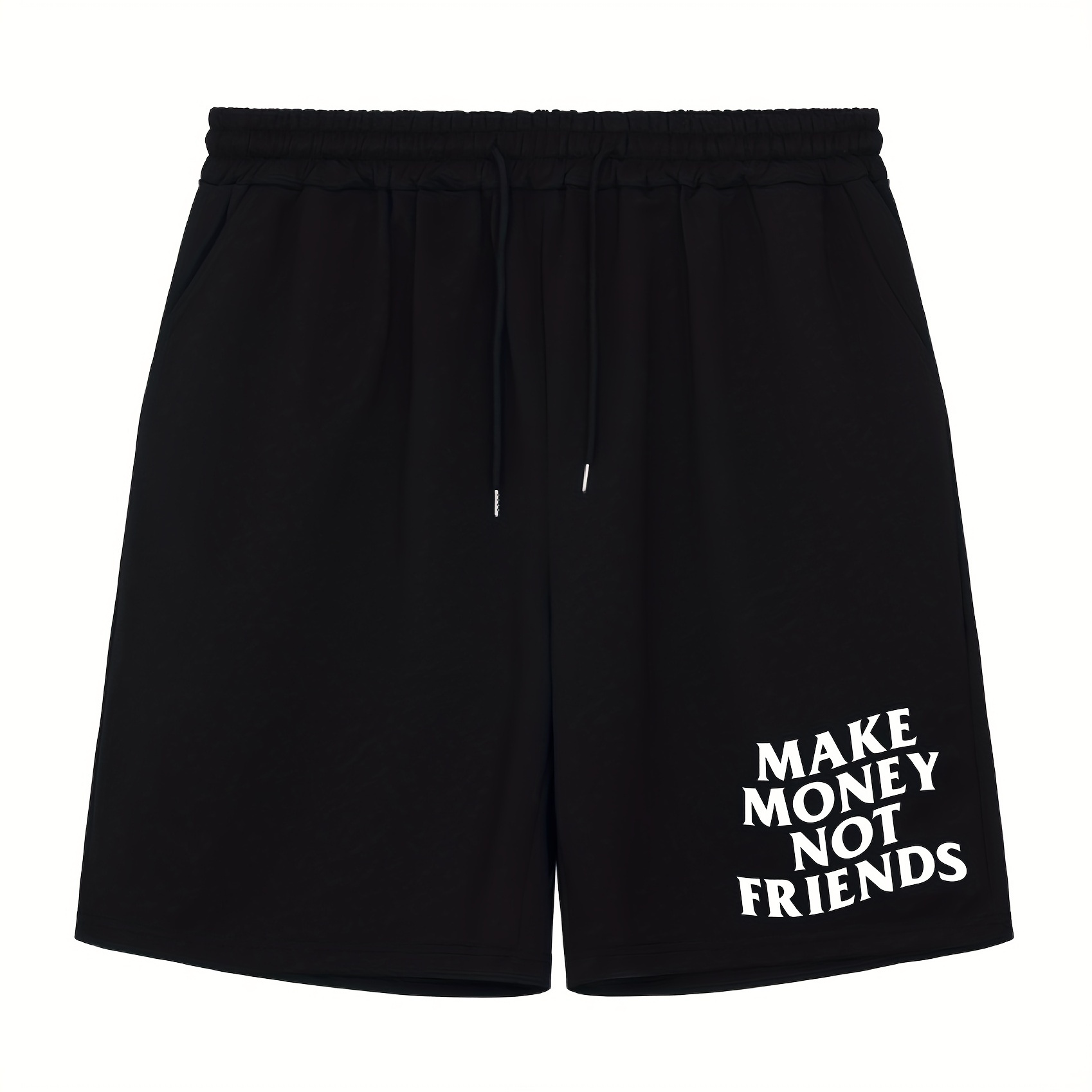 

make Money Not Friends" Comfy Shorts, Men's Casual Solid Color Slightly Stretch Elastic Waist Drawstring Shorts For Summer