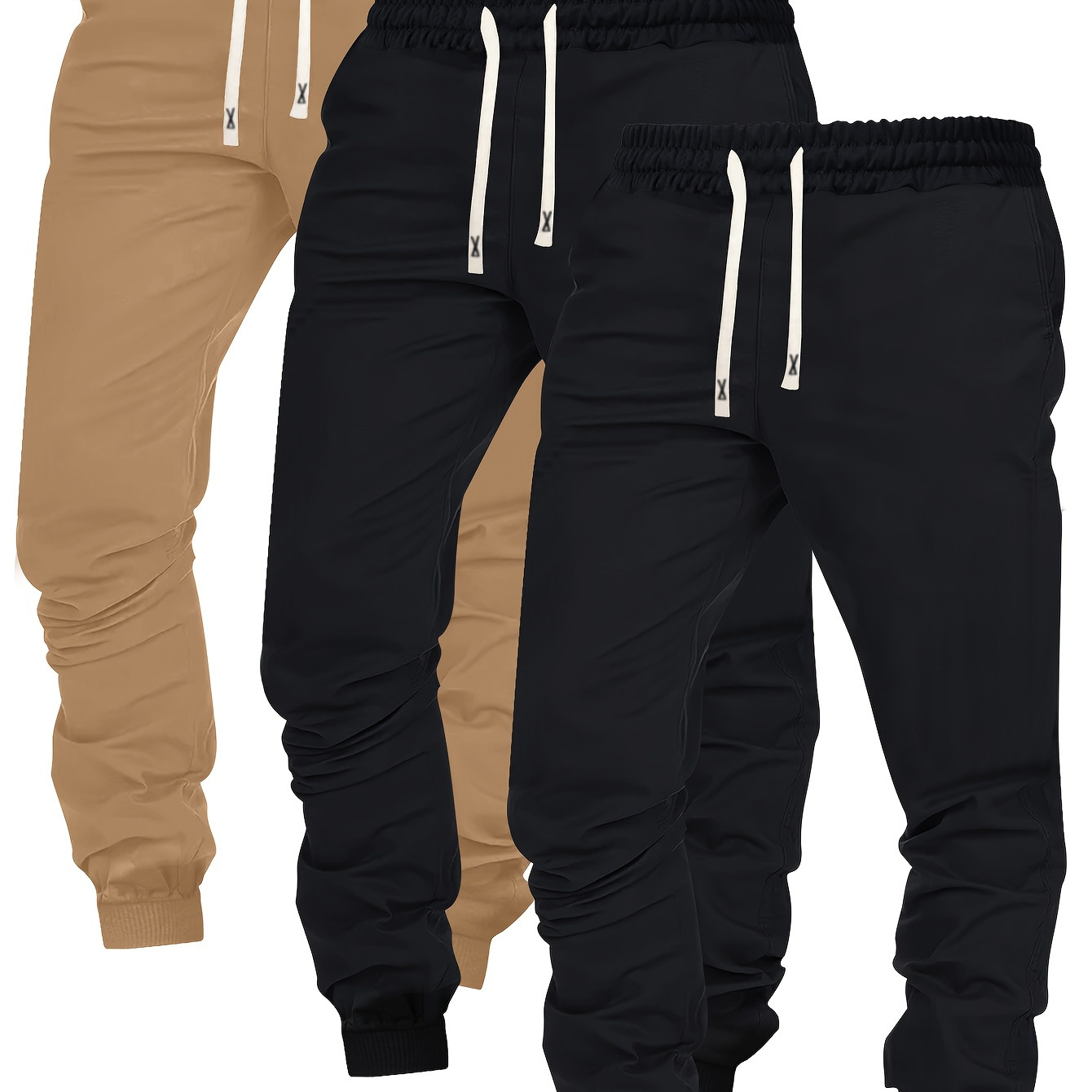 

Men's 3pcs Set Of Solid Loose Fit And Cuffed Sweatpants With Drawstring And Pockets, Casual And Comfy Sports Trousers For Autumn And Winter Jogging Fitness And Outdoors Wear