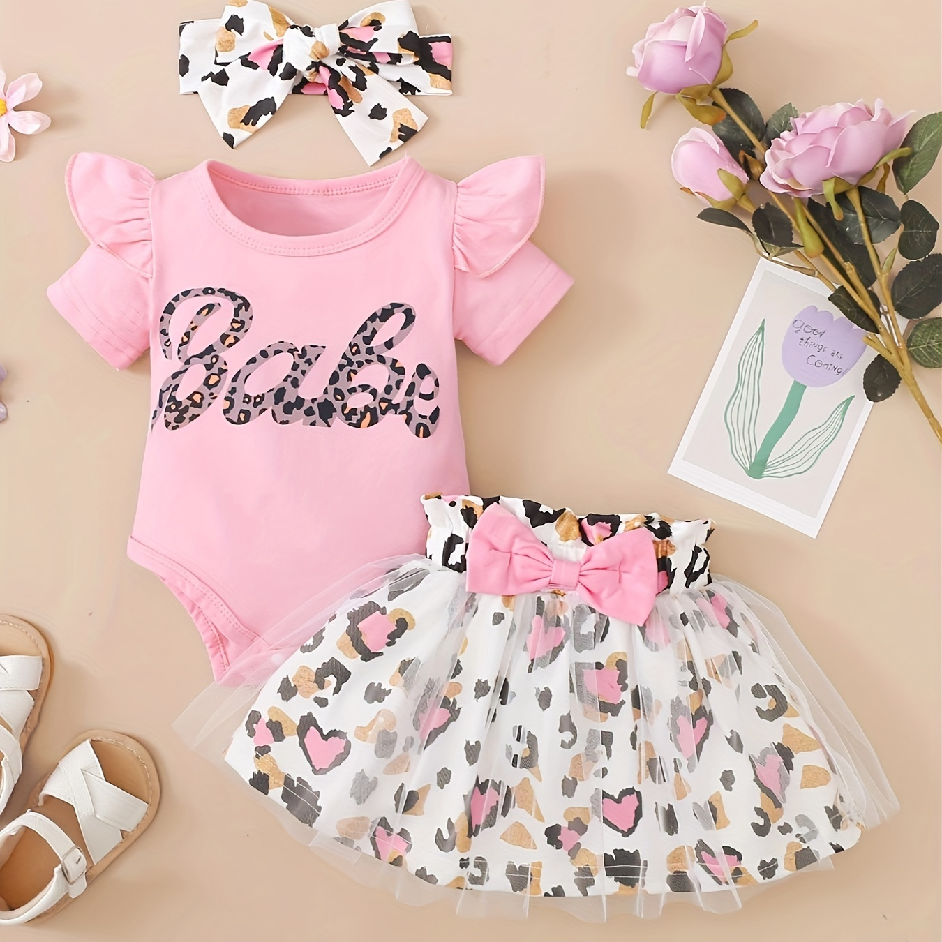 

Baby Girls Cotton Ruffle Short Sleeve Bodysuit + Matching Mesh Skirts + Headband With Leopard Print Baby Clothes