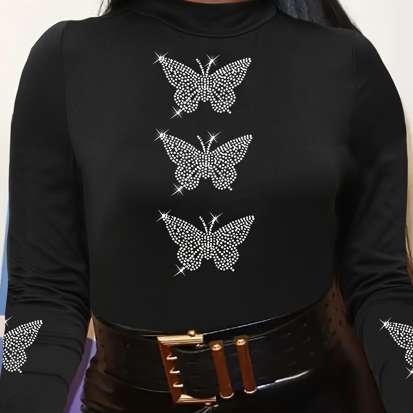 

T-shirt À Motif Papillon Strass, Haut Décontracté À Manches Longues Pour Et , Vêtements Pour Femmes