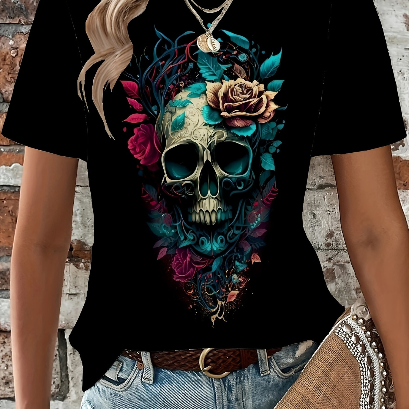 

Skull & Flower Print Vintage T-shirt, Crew Neck Short Sleeve Top For Spring & Summer, Women's Clothing